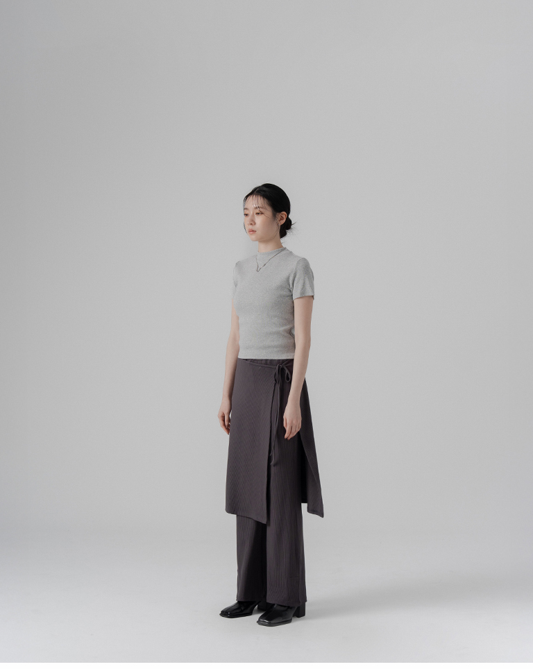 Textured Ribbed Two-Piece Elastic Skirt Trousers - Gray S/M【04070071】in stock+pre-order