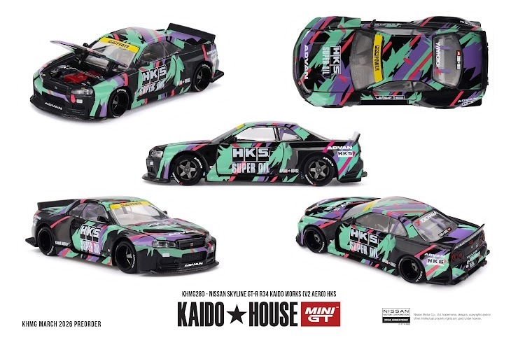 PO-$135 * MINI GT * 1:64 KAIDO HOUSE KHMG280 Nissan Skyline GT-R R34 Kaido Works (V2 Aero) HKS