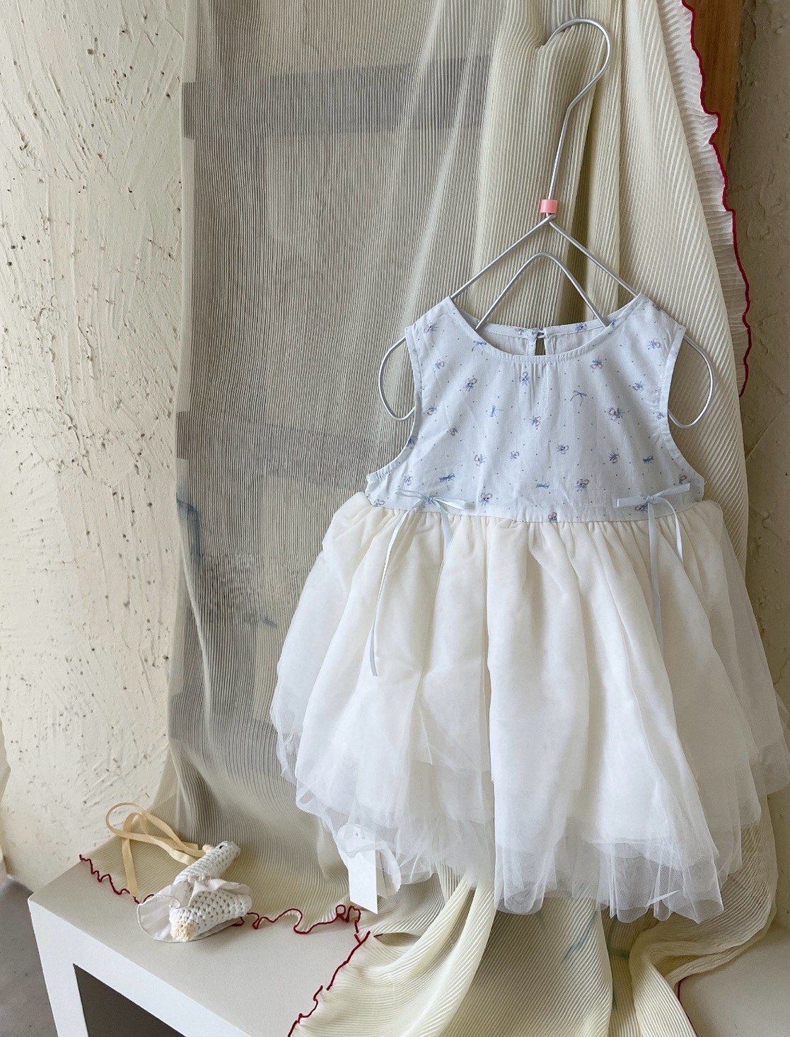 藍蝴蝶結拼接洋裝