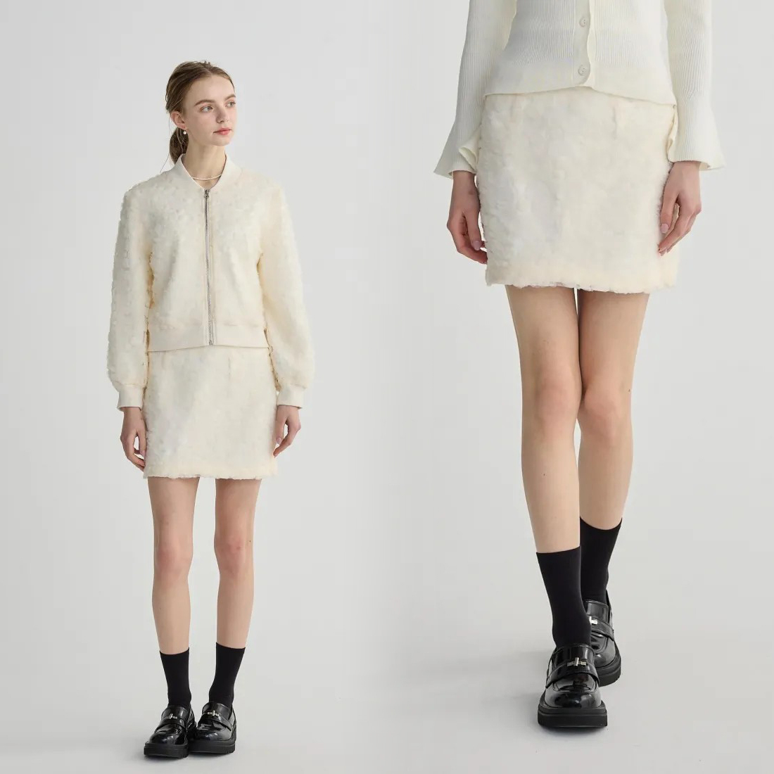 立體蕾絲織紋感拉鍊外套+短裙SET-S-M / 2色 (Elegant & Love)