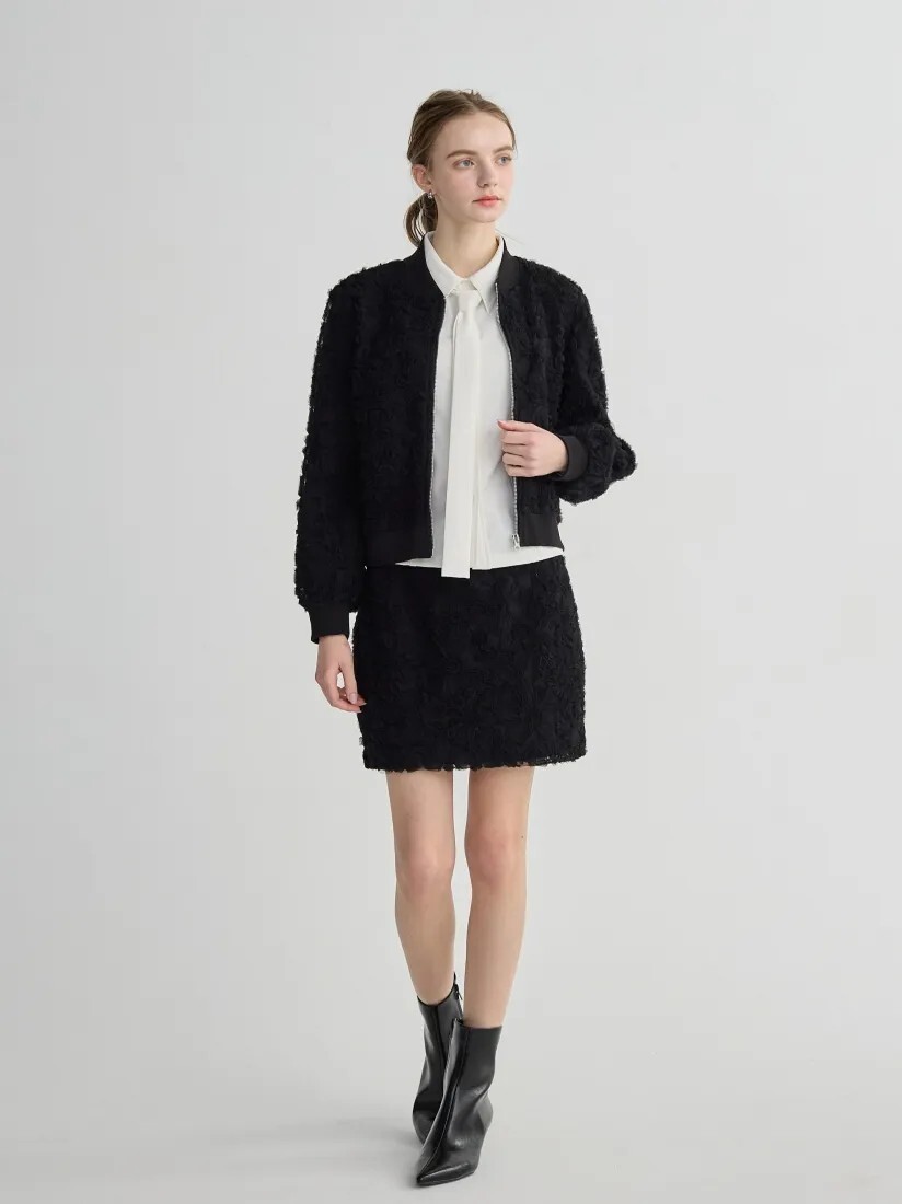 立體蕾絲織紋感拉鍊外套+短裙SET-S-M / 2色 (Elegant & Love)