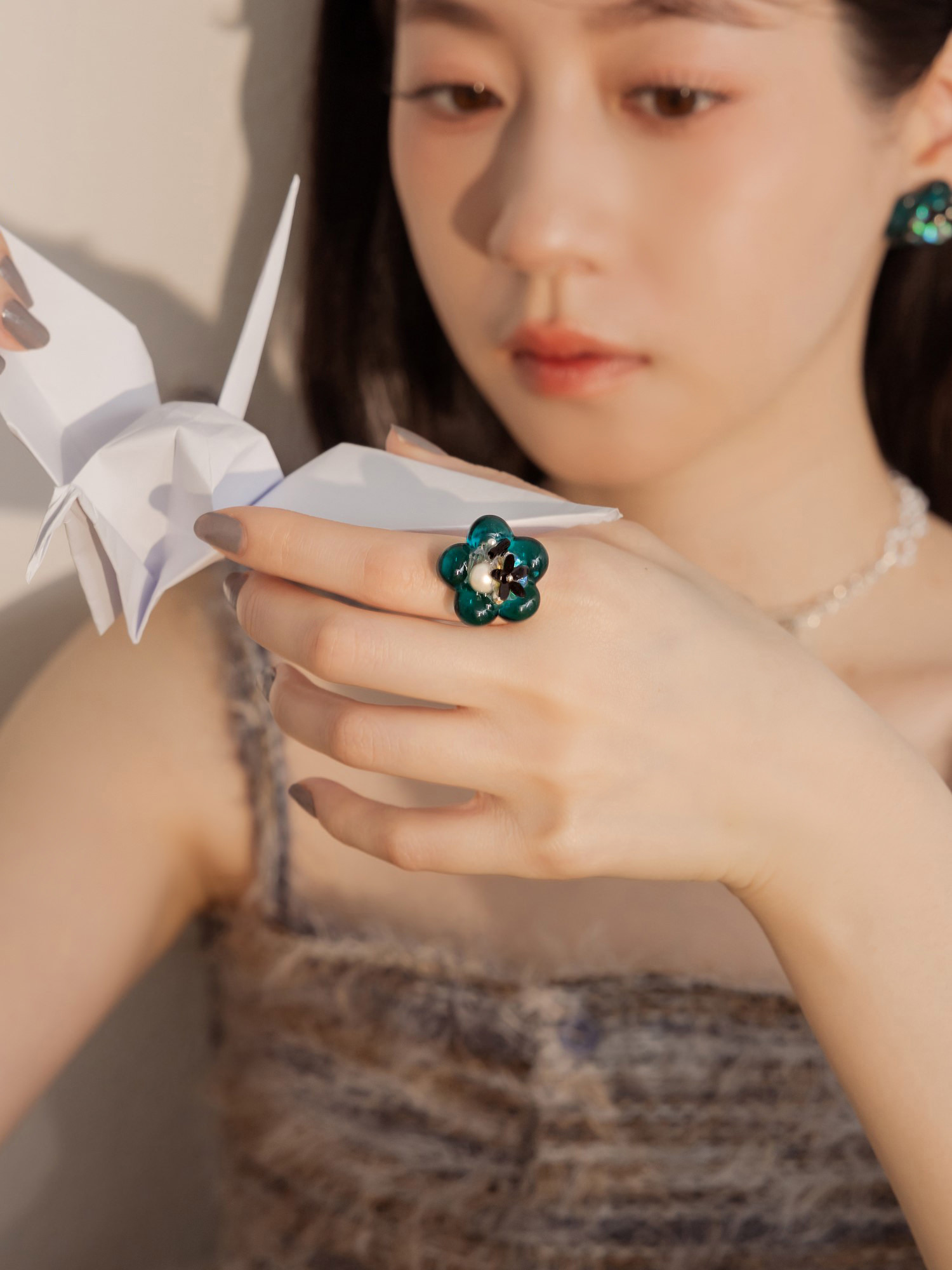 狐狸的童話。MUCHAT手作珍珠透綠花花戒指