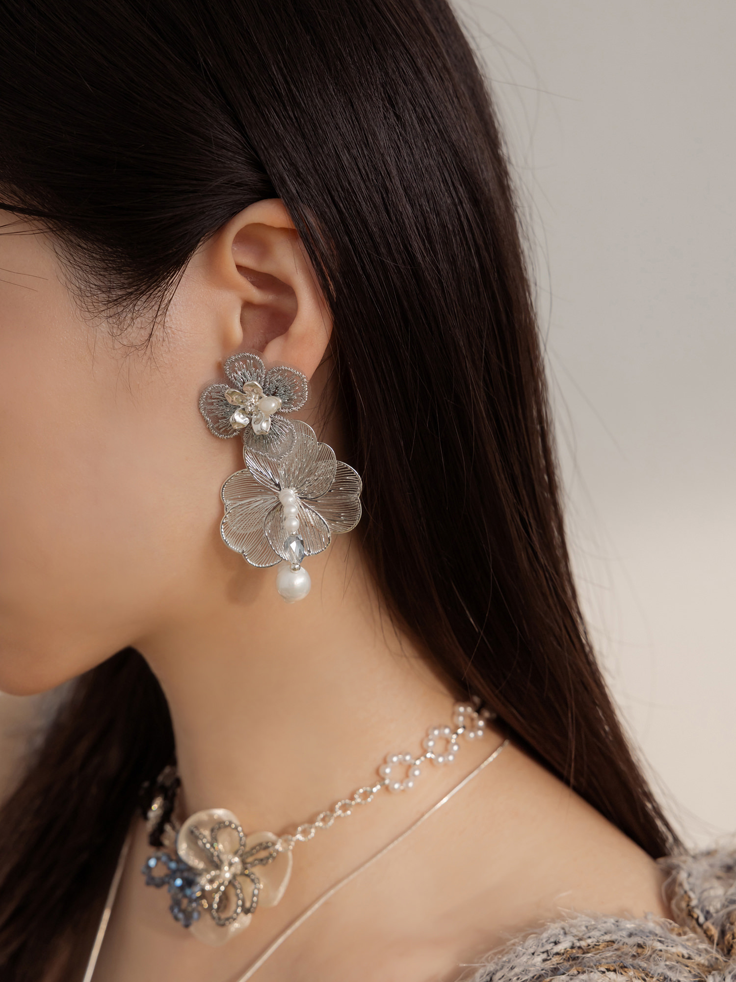 茶米說晚安。(2way)MUCHAT手作針珠刺繡雙花純銀針耳環