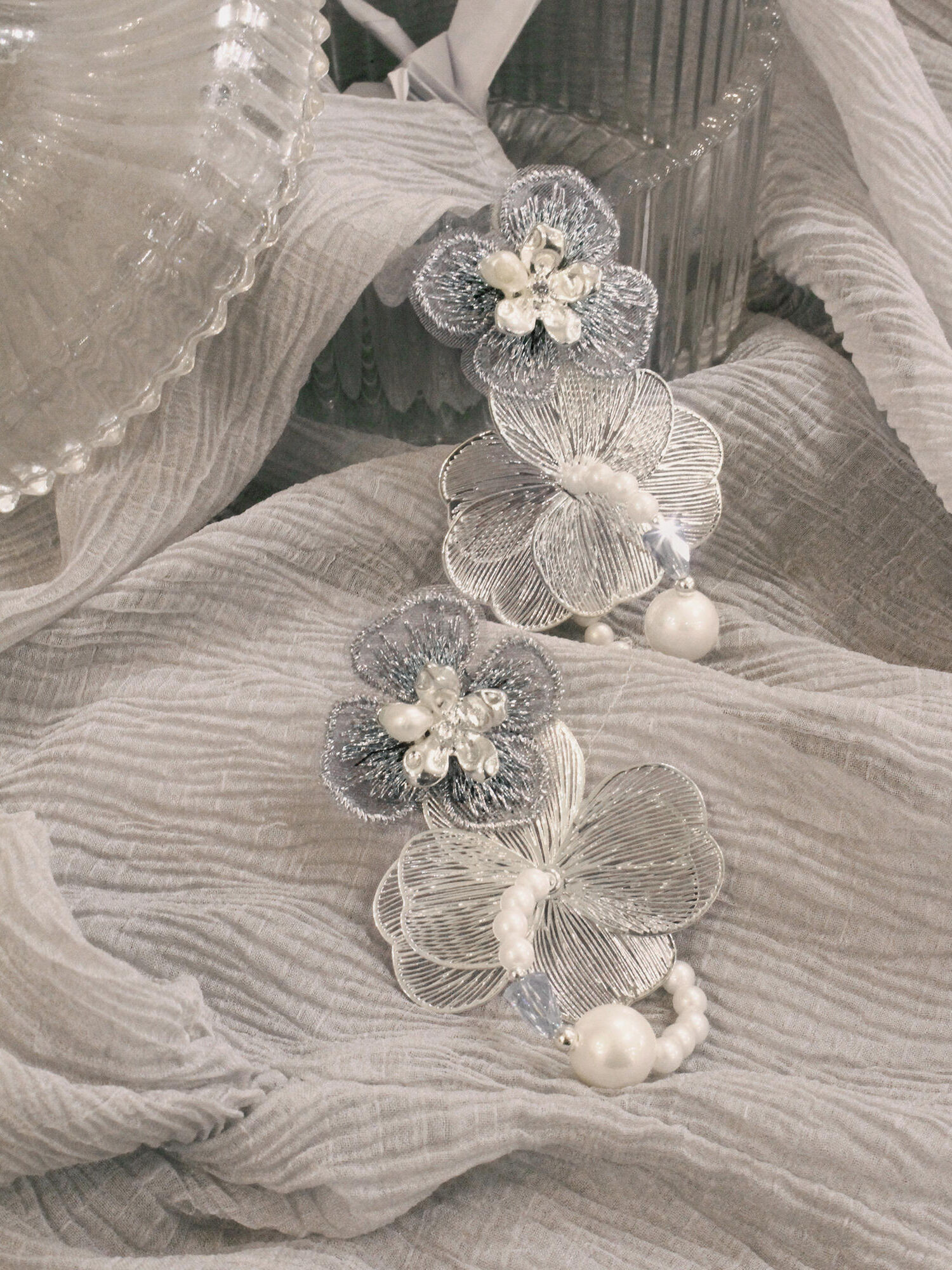 茶米說晚安。(2way)MUCHAT手作針珠刺繡雙花純銀針耳環