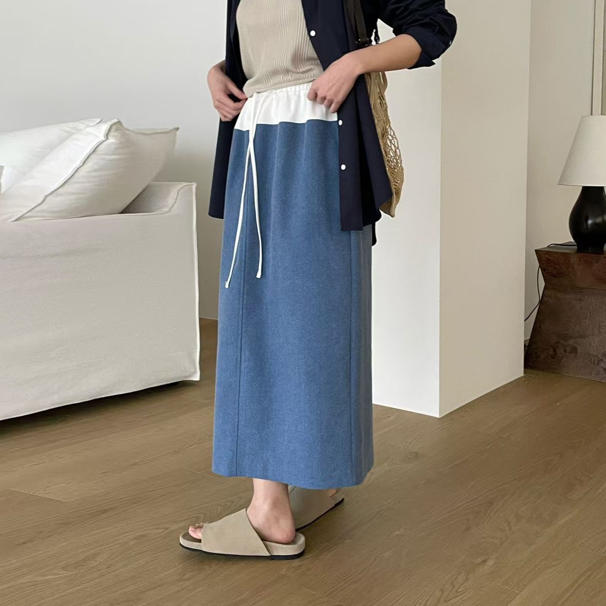 鬆緊腰綁帶下擺拼接配色後開衩長裙-F / 2色