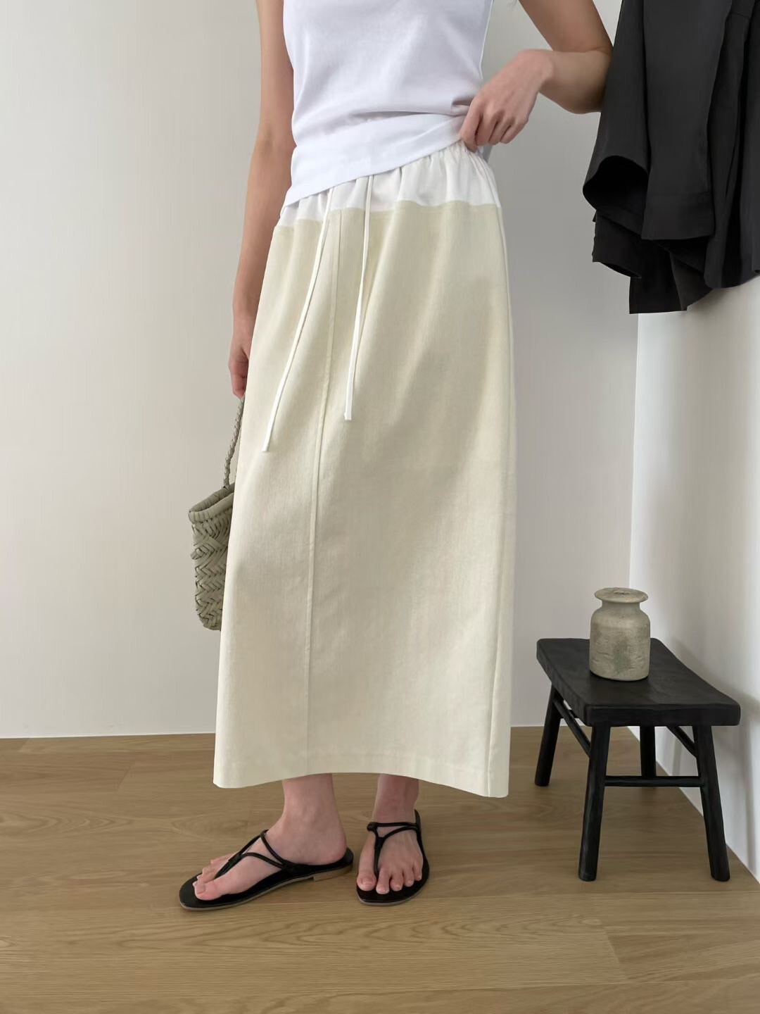 鬆緊腰綁帶下擺拼接配色後開衩長裙-F / 2色