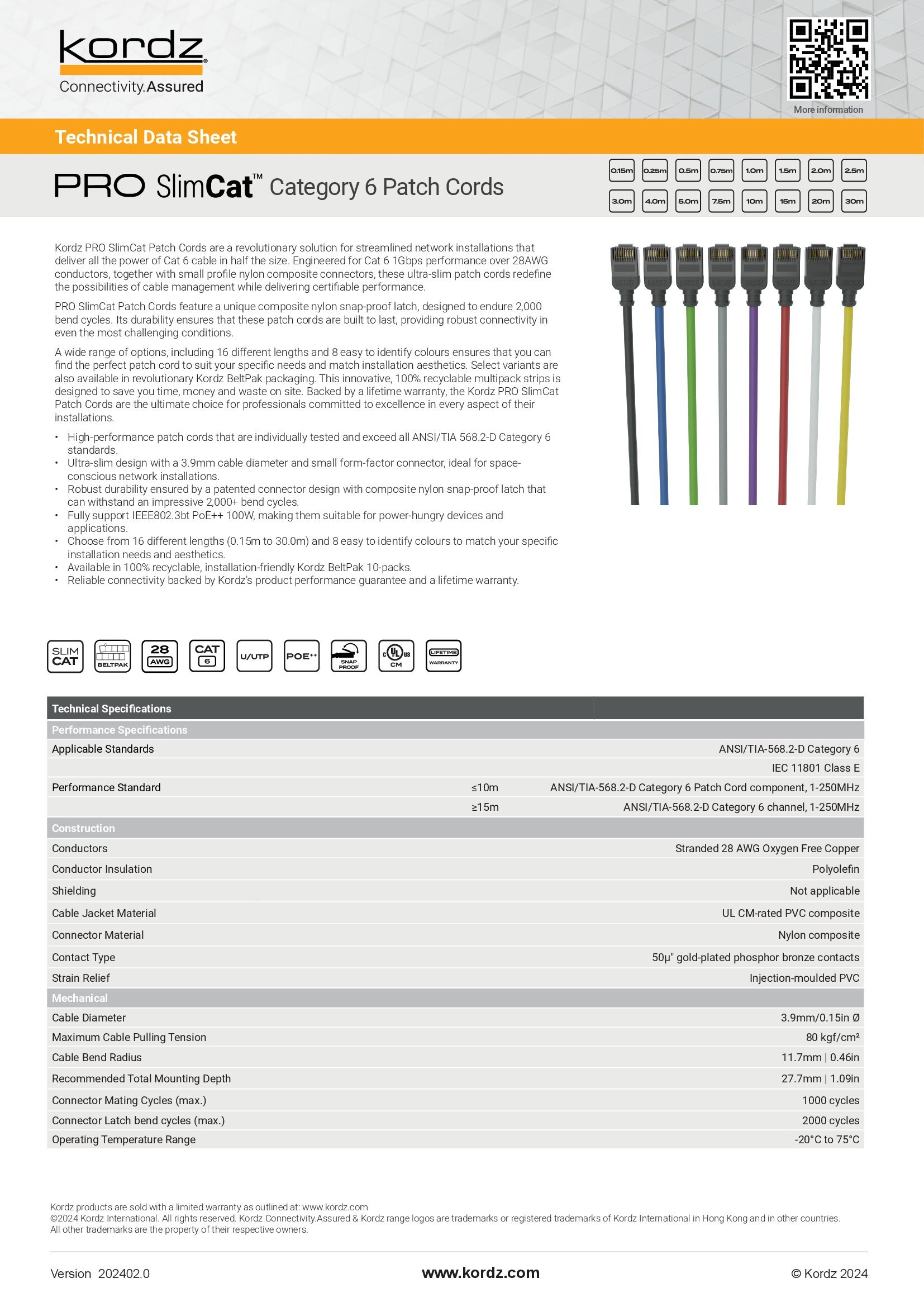 Kordz PRO SlimCat Cat6 Patch Cord Data Sheet 1