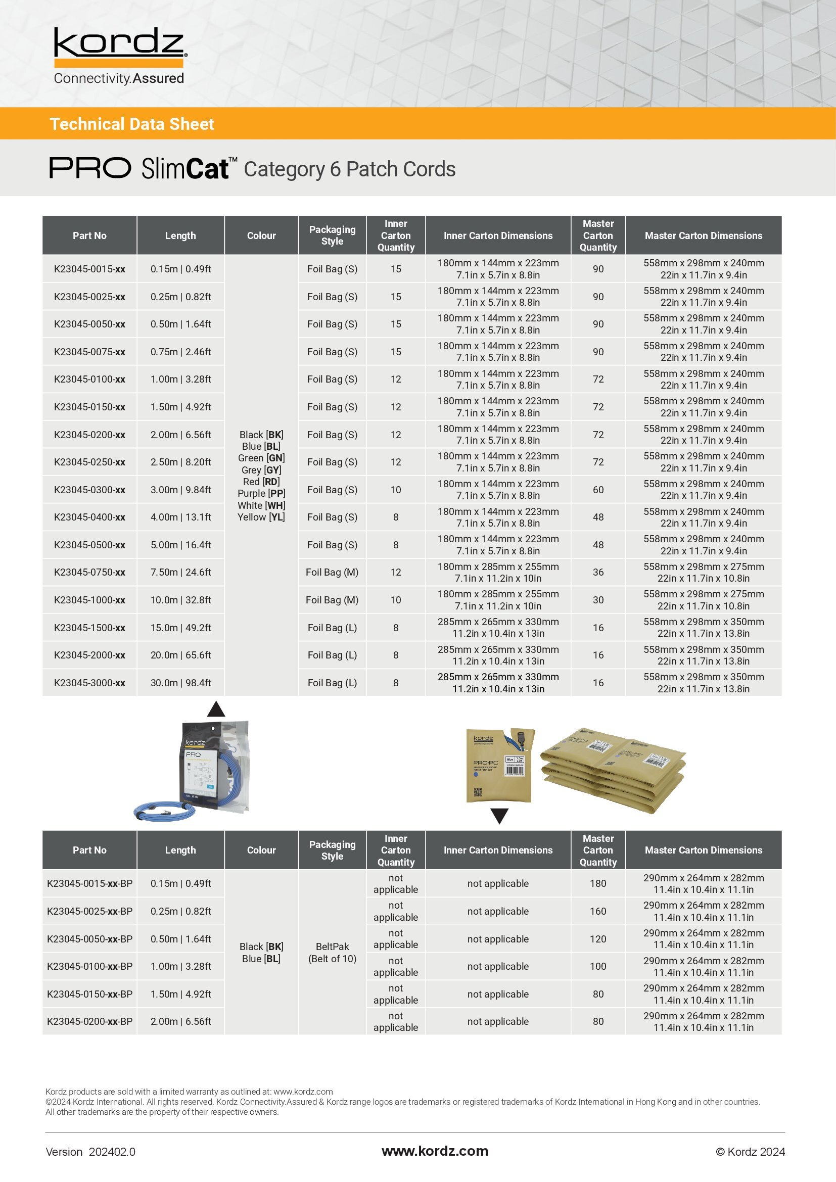 Kordz PRO SlimCat Cat6 Patch Cord Data Sheet 2