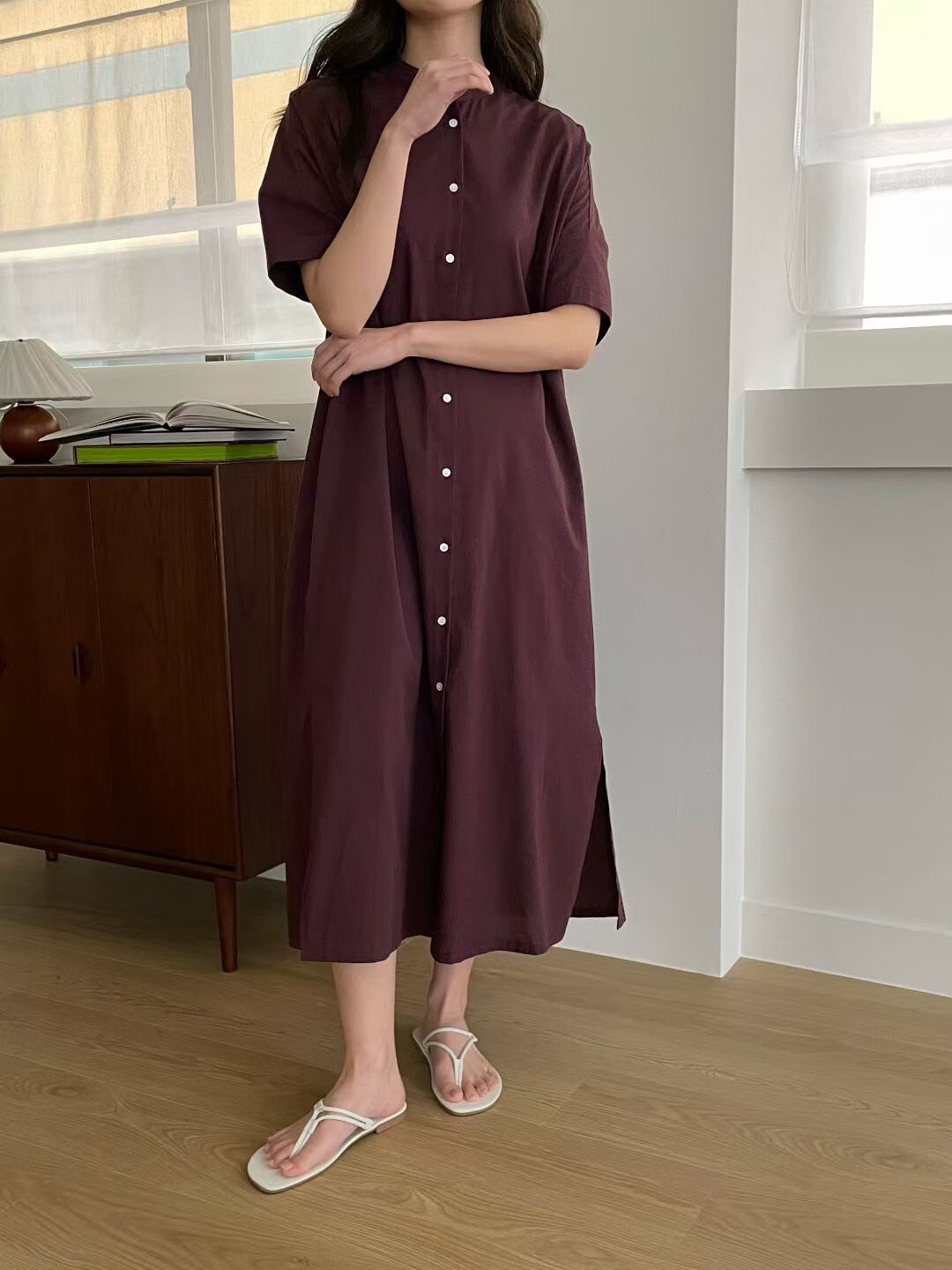 綁帶收腰造型圓領澎澎袖排釦長洋裝 / 3色