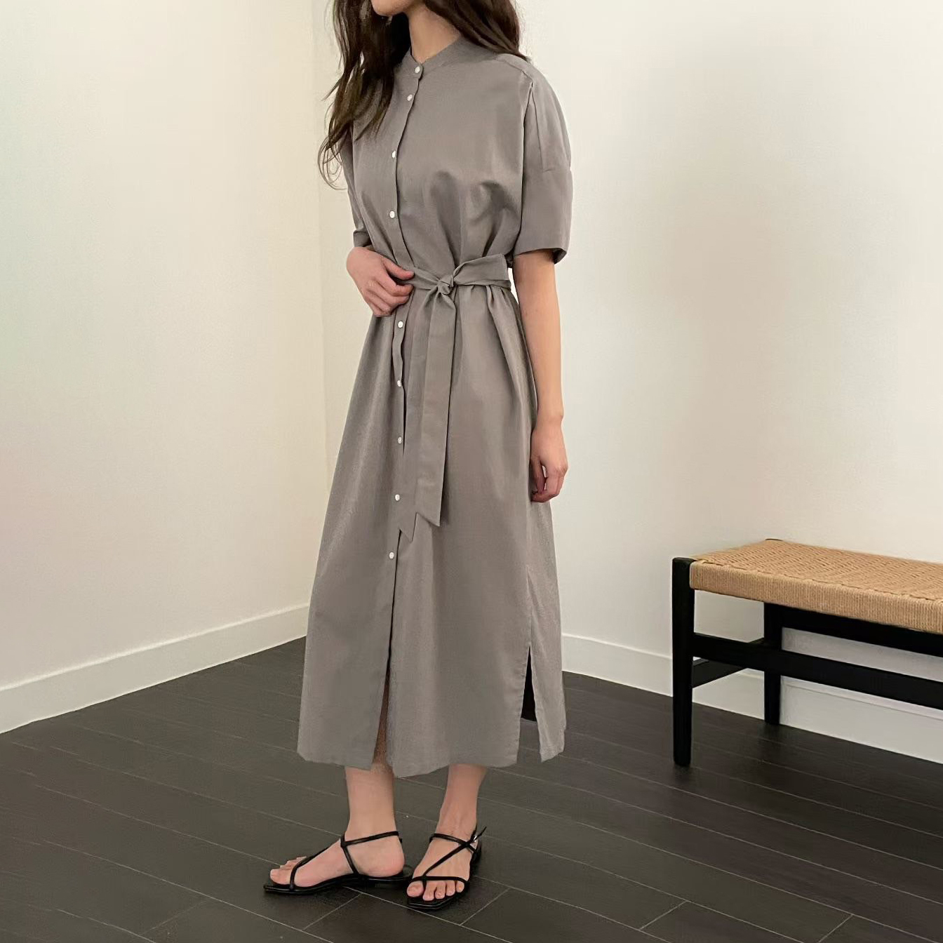 綁帶收腰造型圓領澎澎袖排釦長洋裝 / 3色