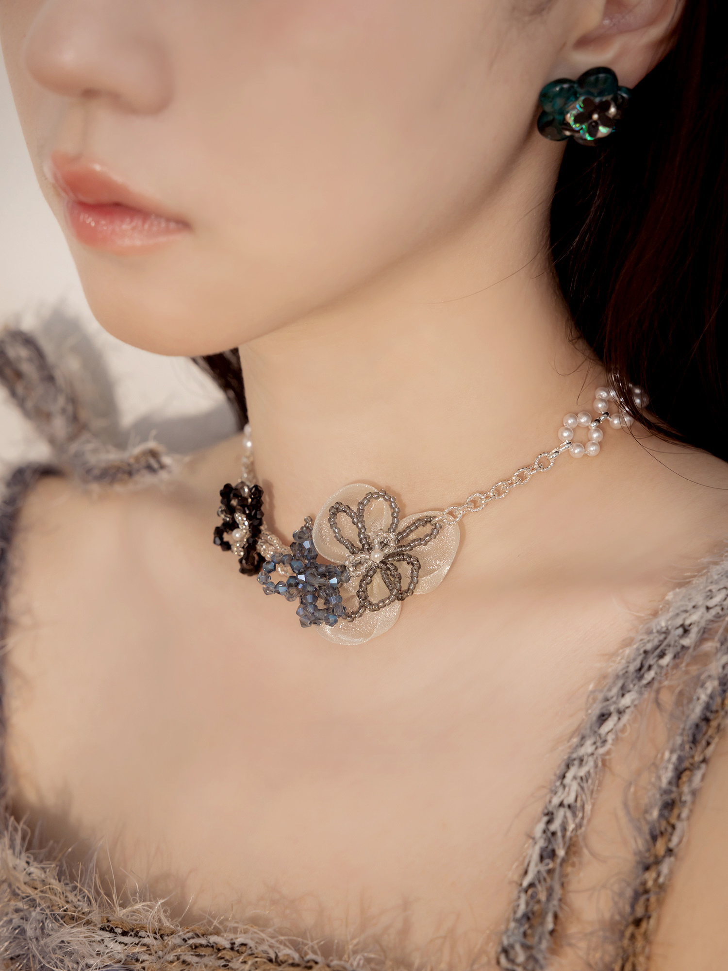 茶米說晚安。MUCHAT手作透紗水晶珠花項鍊