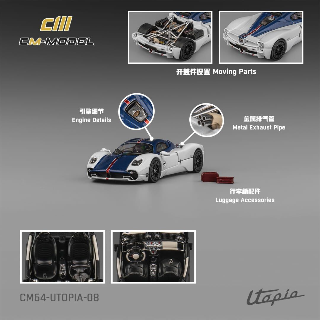 PO-$200 * CM MODEL * 1:64 PAGANI UTOPIA WHITE BLUE CARBON