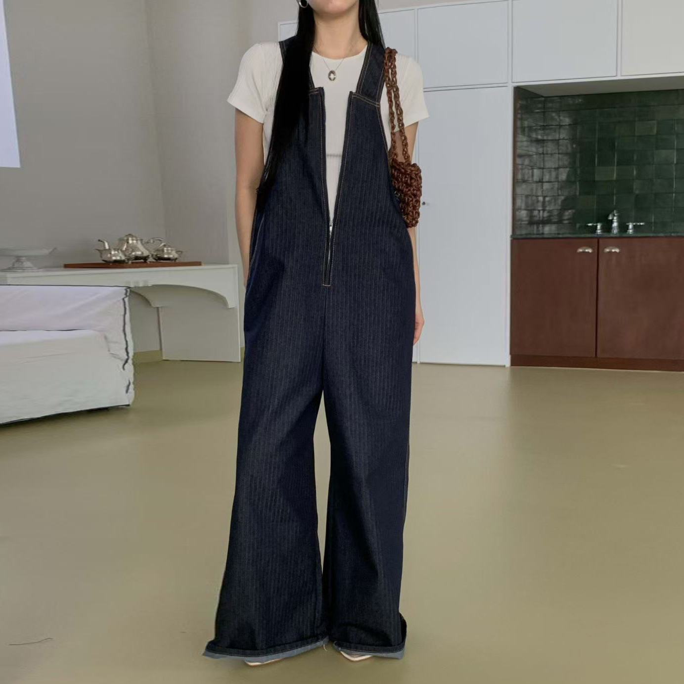 顯瘦深藍色拉鍊造型牛仔連身褲長褲-F