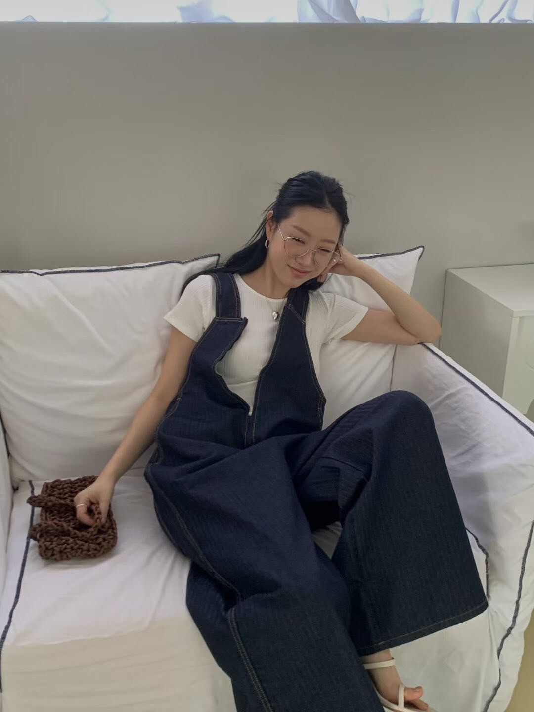 顯瘦深藍色拉鍊造型牛仔連身褲長褲-F