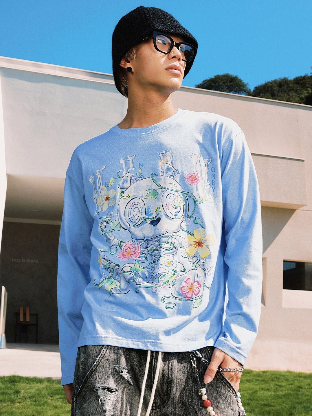 MEDM 骷髏小熊 藤蔓花朵印花 休閒圓領 長袖T