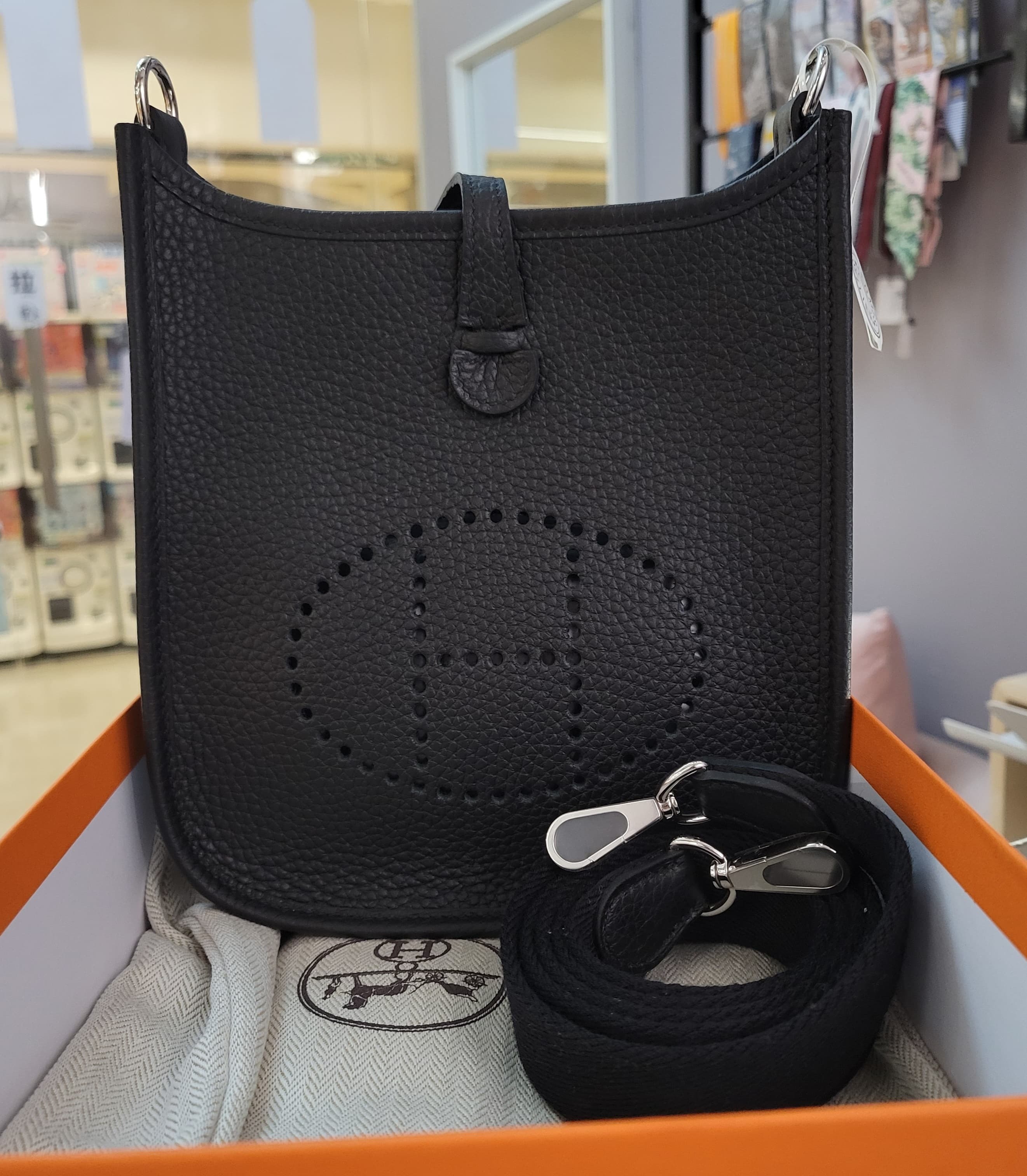 HERMES mini evelyne NOIR CK 110CM 黑銀
