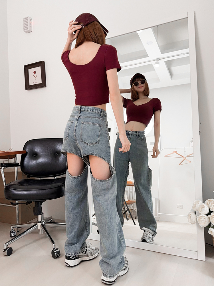 BB爆款 ! 後挖洞牛仔寬褲（2色，S-XL)