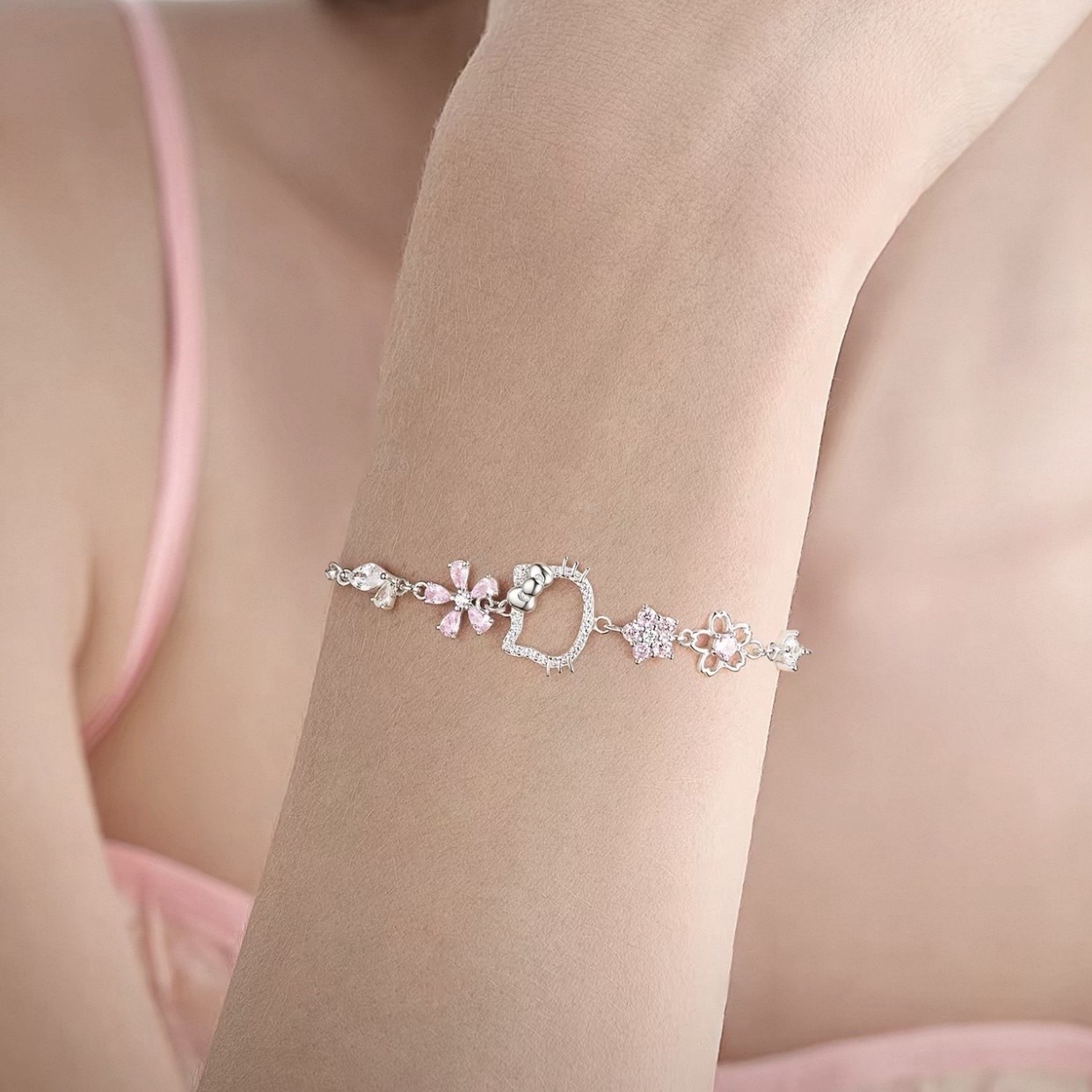 SANRIO 三麗鷗 HELLO KITTY 桃花緣 簍空手鏈 純銀 凱蒂貓 送禮