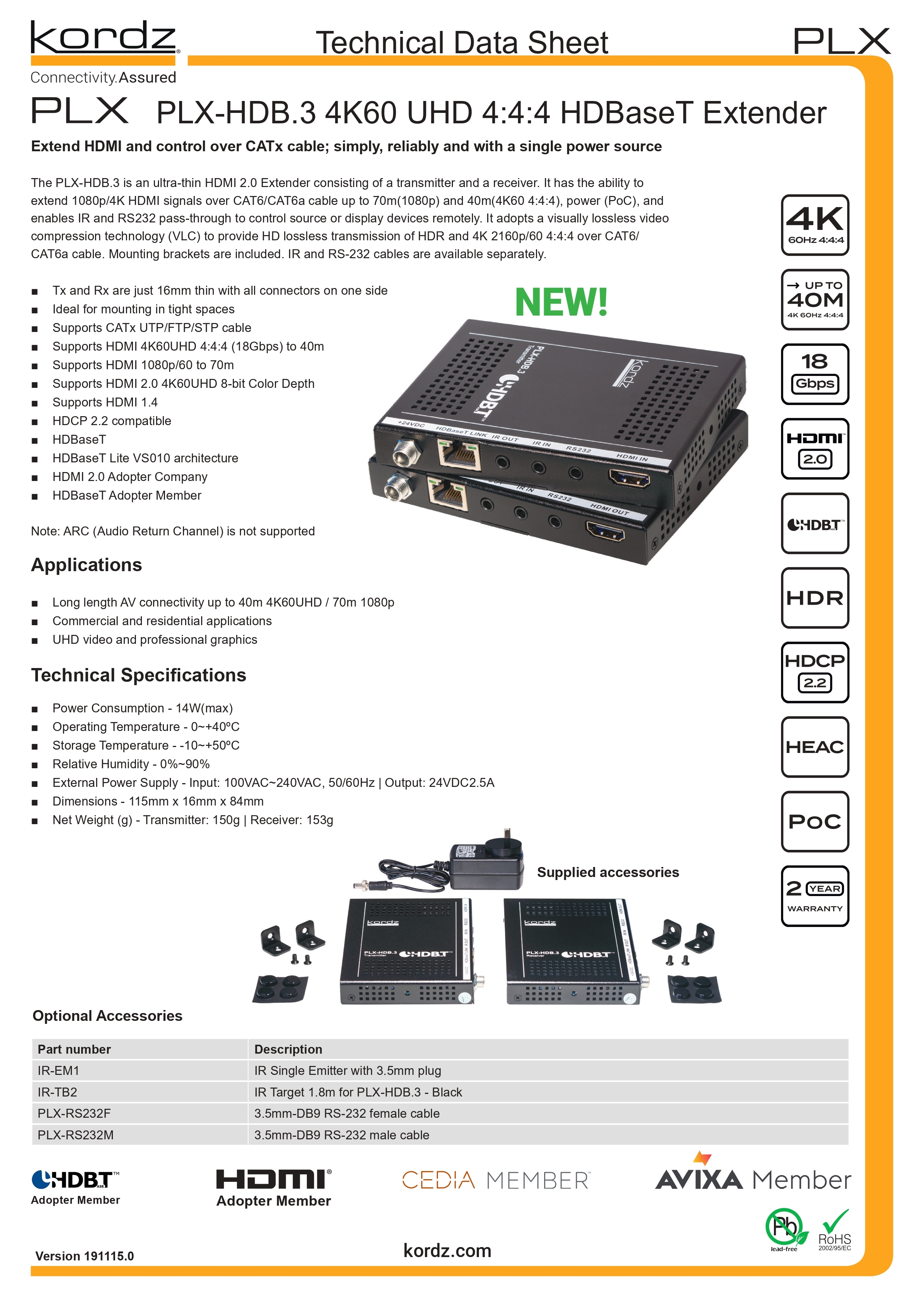 Kordz PLX HDB.3 Ultra-thin HDBaseT Extender Data Sheet