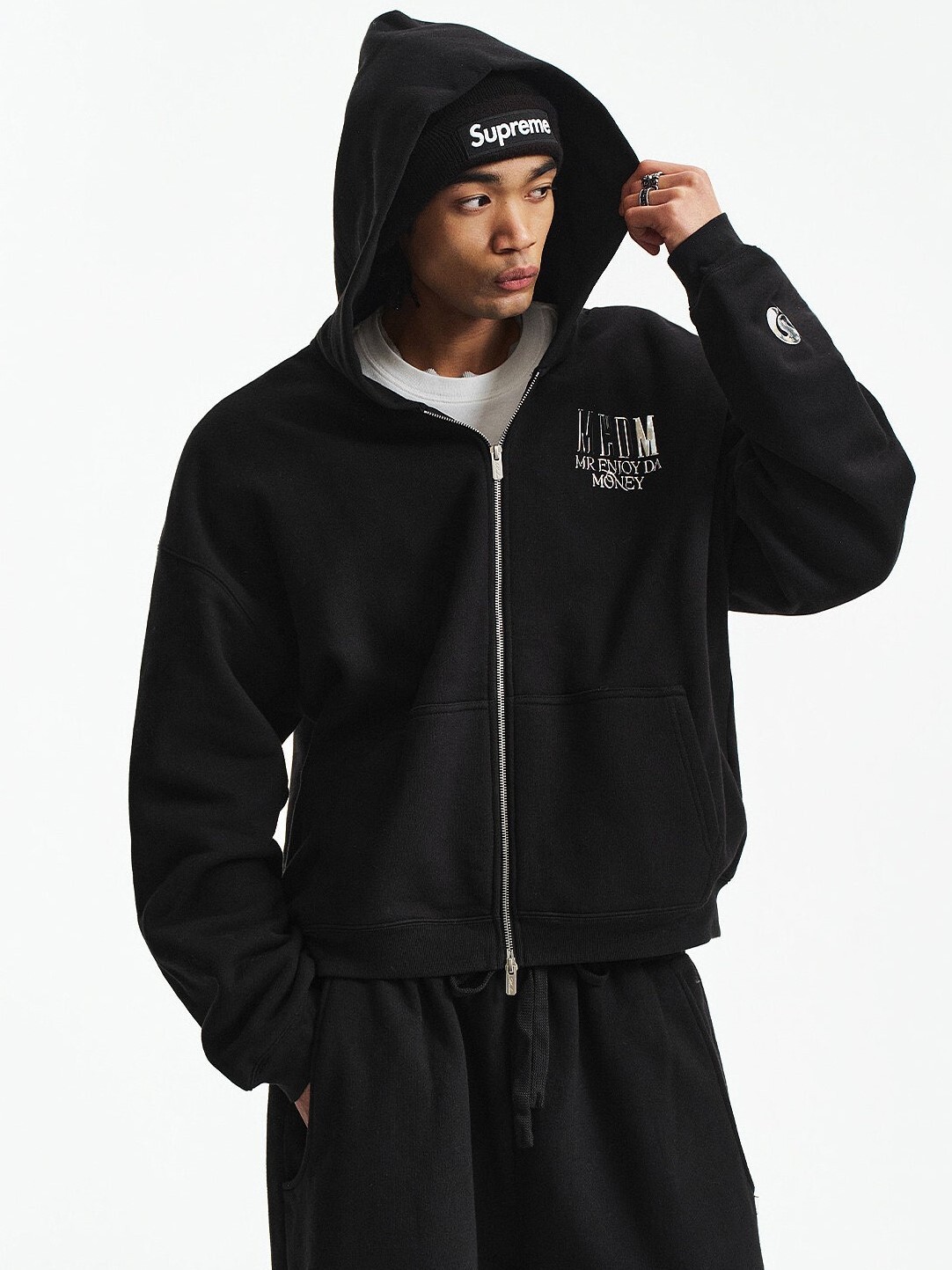 MEDM 高周波立體印花Logo  針織絨底 雙拉鏈 素色連帽外套