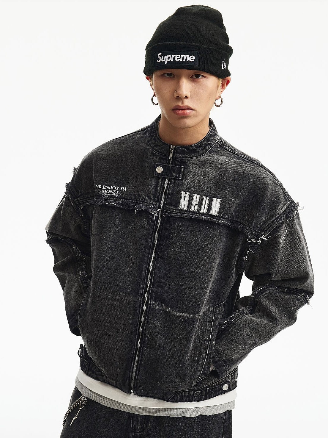 MEDM 毛邊 水洗做舊結構 牛仔黑套装 外套