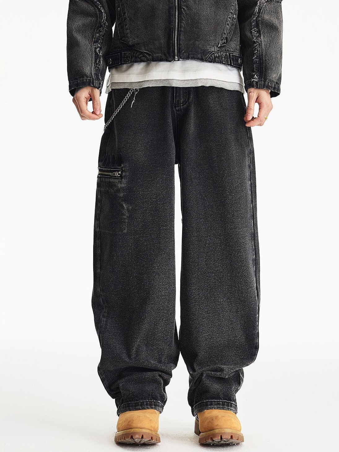 MEDM 毛邊 水洗做舊結構 牛仔黑套装 長褲