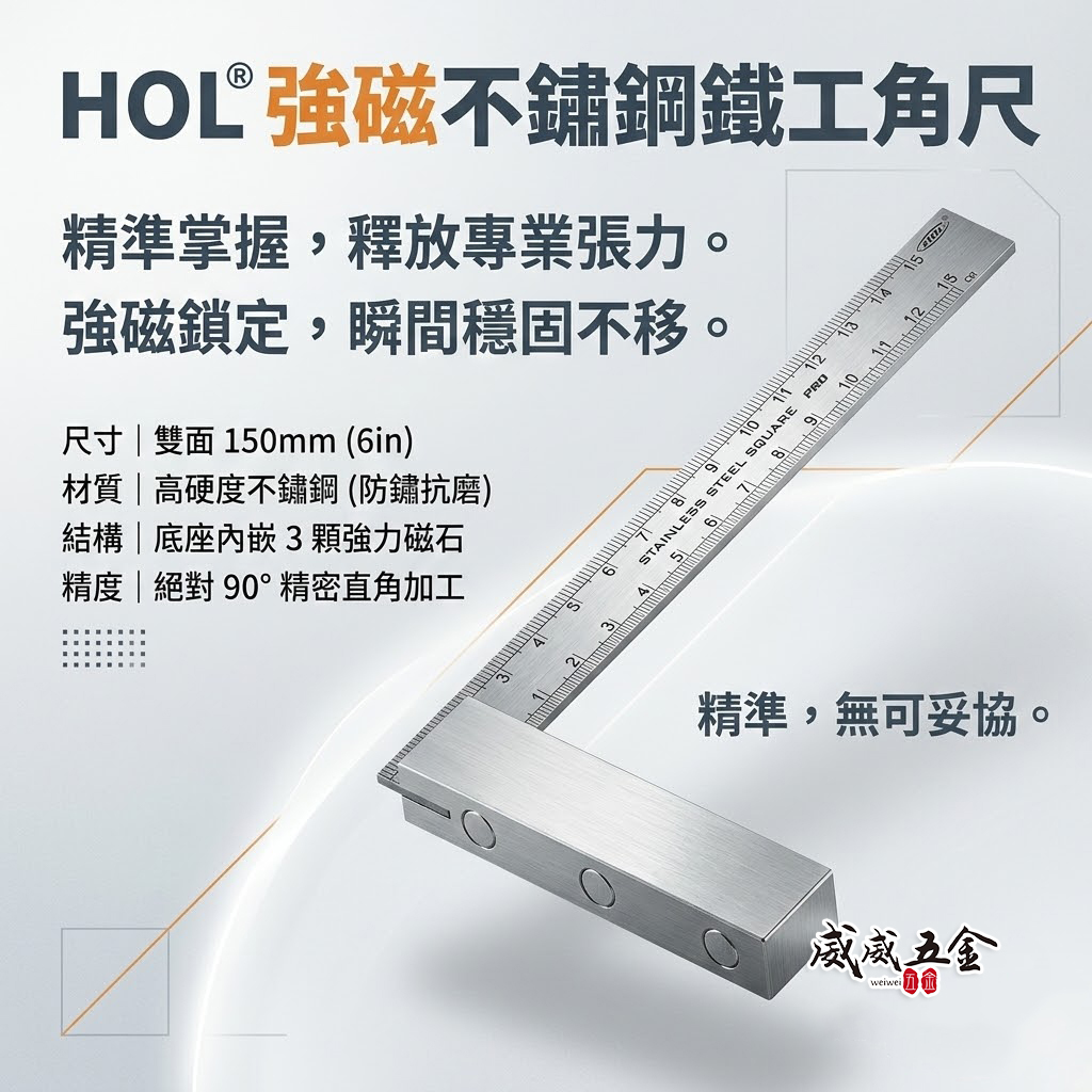 台灣製 HOL｜強磁不銹鋼鐵工角尺 裝配強力磁鐵3個｜雙面角尺 白鐵角尺 90度 L型木工角度尺｜150mm