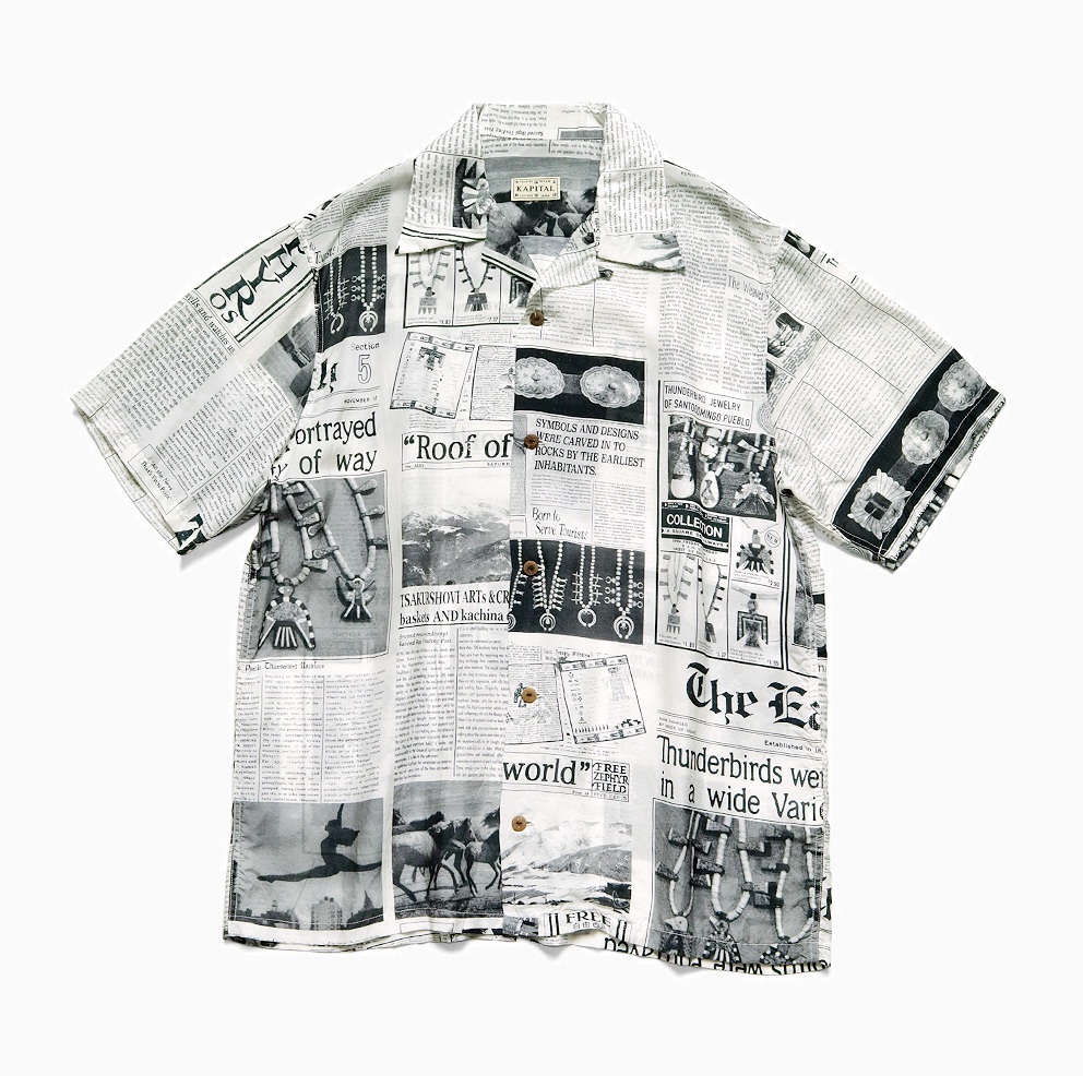 KAPITAL Silk rayon Pueblo NEWSPAPER print aloha shirt S/S - PRE ORDER ITEM (預訂中)