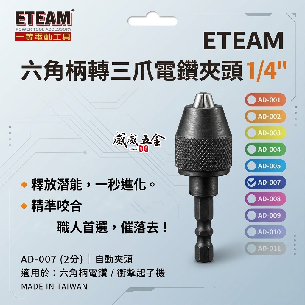 ETEAM 一等 台灣製｜六角柄電鑽夾頭 1/4" 兩分木工電鑽夾頭 2分 六角軸氣動電鑽夾頭｜AD-007