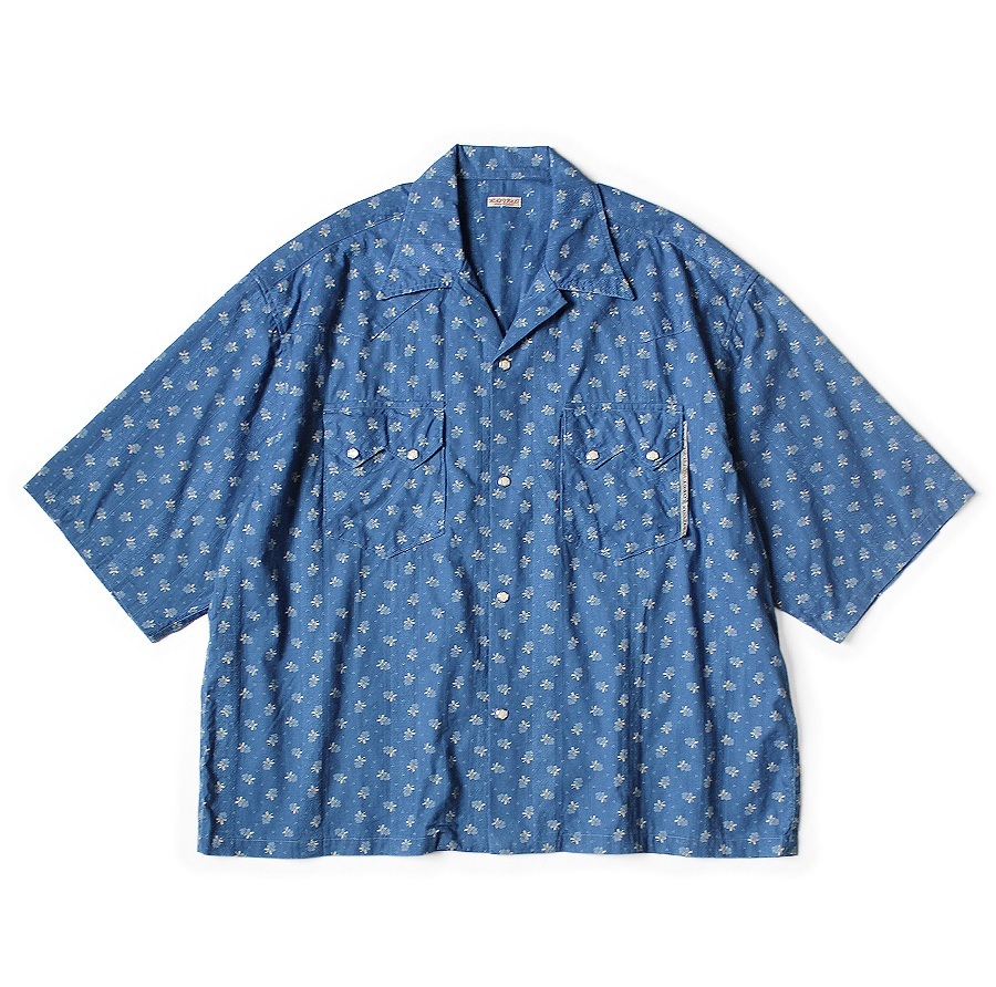 KAPITAL Dobby Stripe INDIGO Discharge Printed Collar Western BIG SHIRT S/S - PRE ORDER ITEM (預訂中)