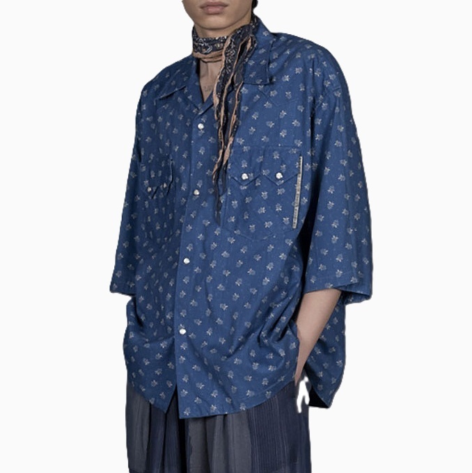 KAPITAL Dobby Stripe INDIGO Discharge Printed Collar Western BIG SHIRT S/S - PRE ORDER ITEM (預訂中)