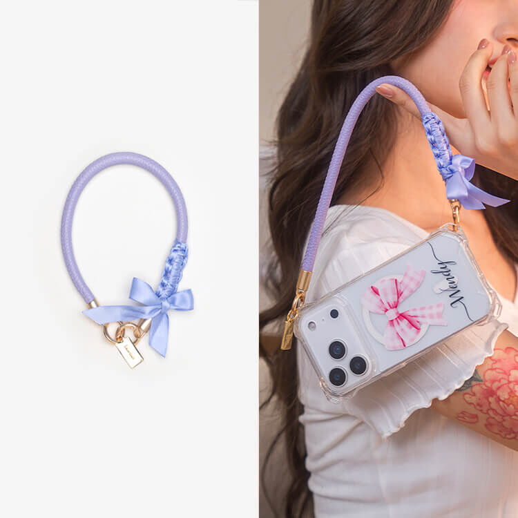 蝴蝶結緞帶皮革繩 (薰衣草紫) 皮革手腕繩 手機掛繩 短掛繩