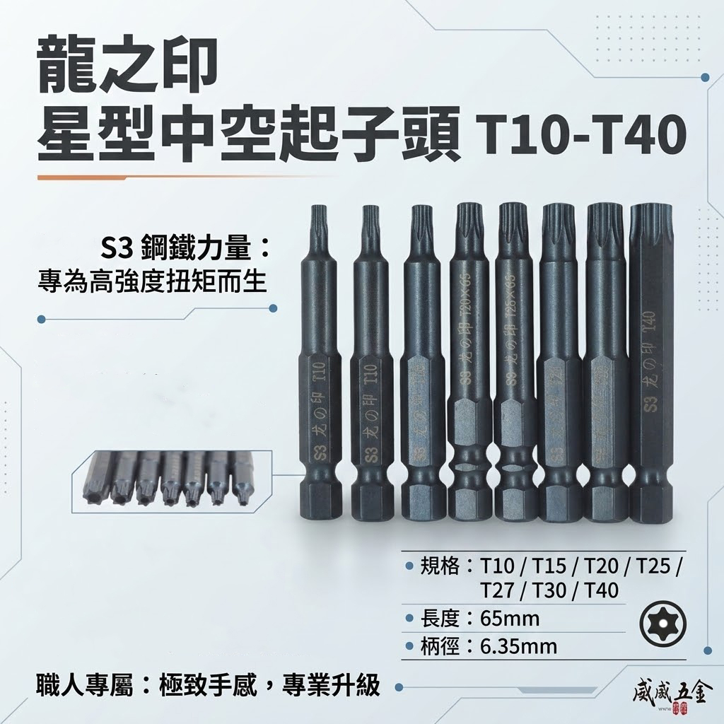 龍之印 日本S3鋼材 台灣製｜零售 T10-T40 長65mm 星型中空起子頭 星型中空起子頭 單頭星形中空