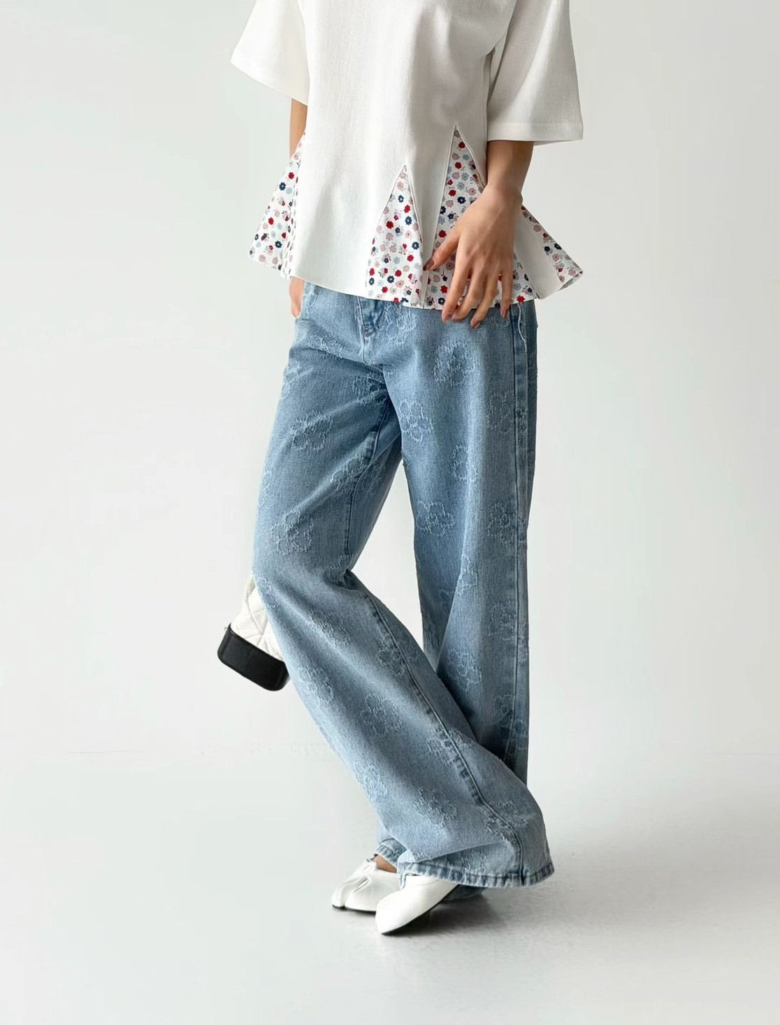 小花紋路牛仔長褲
