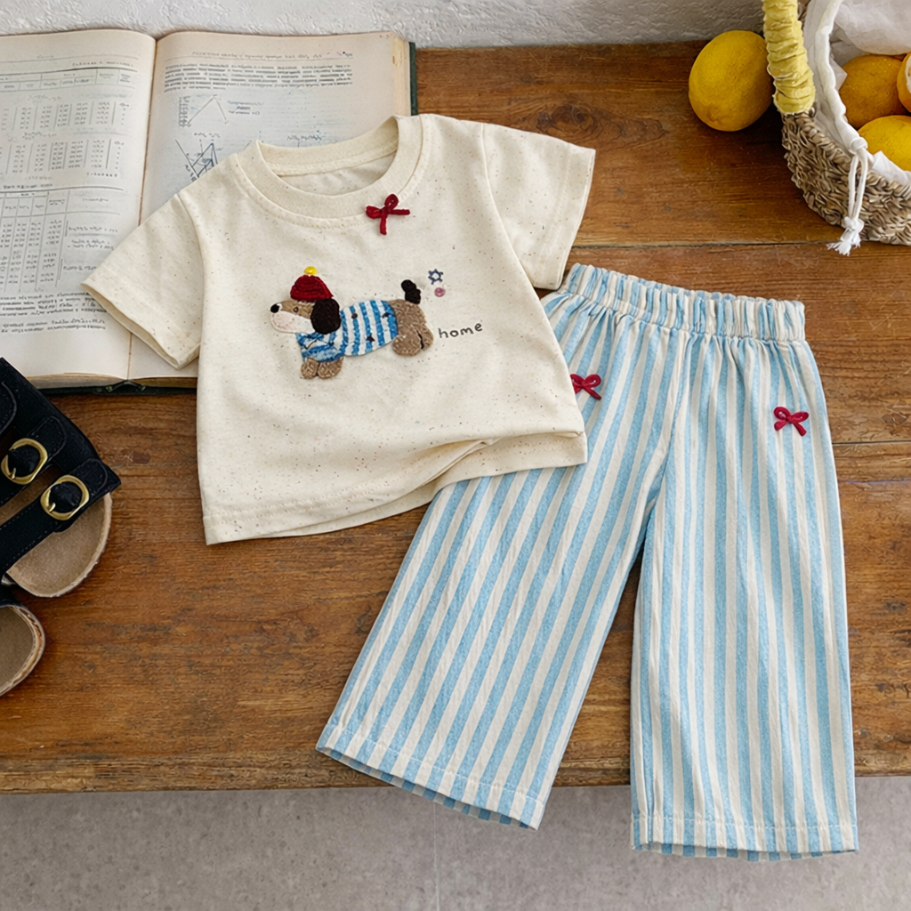 藍條紋漫步狗狗 套裝2件組