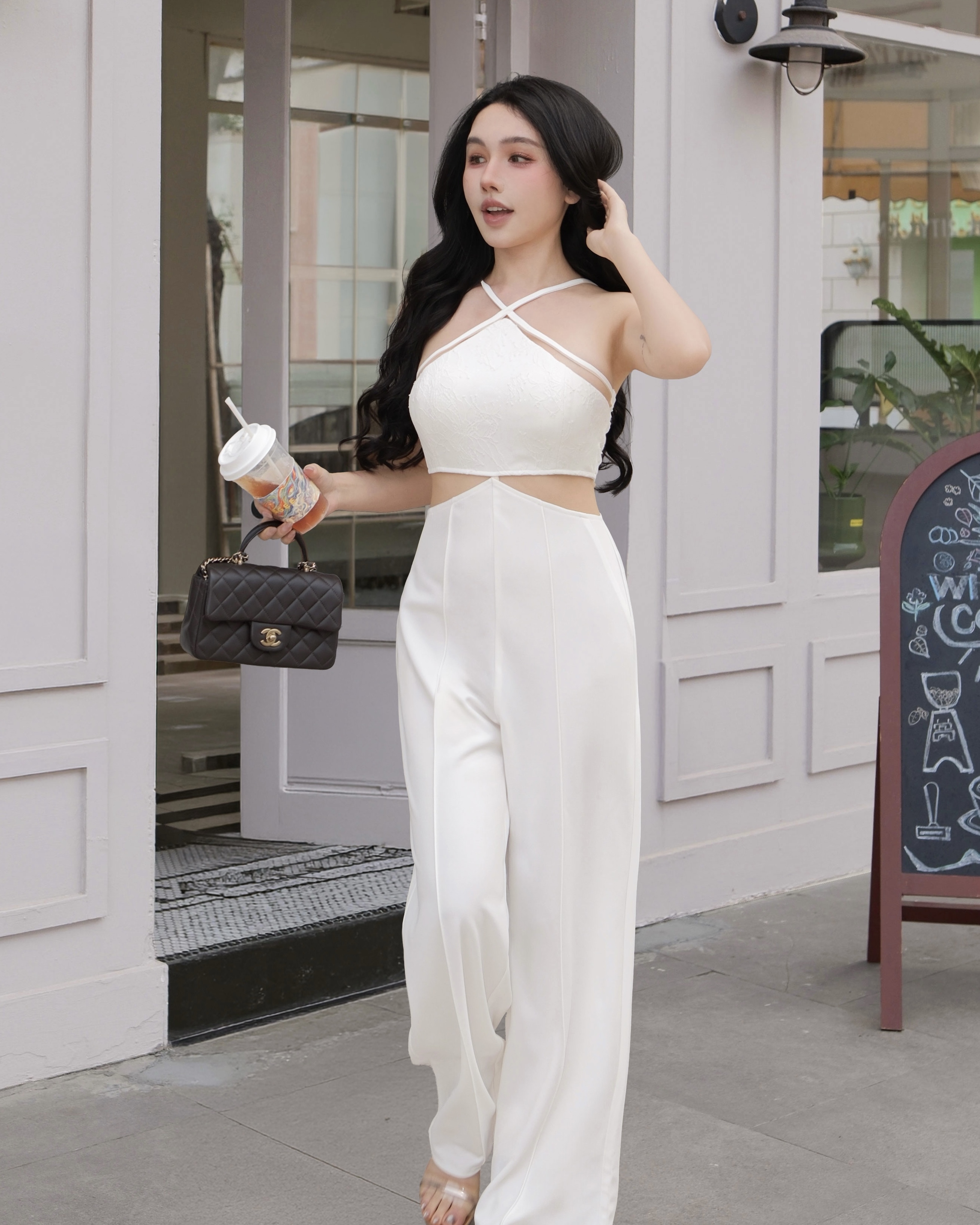 訂製-質感削肩亮片蕾絲連身寬褲