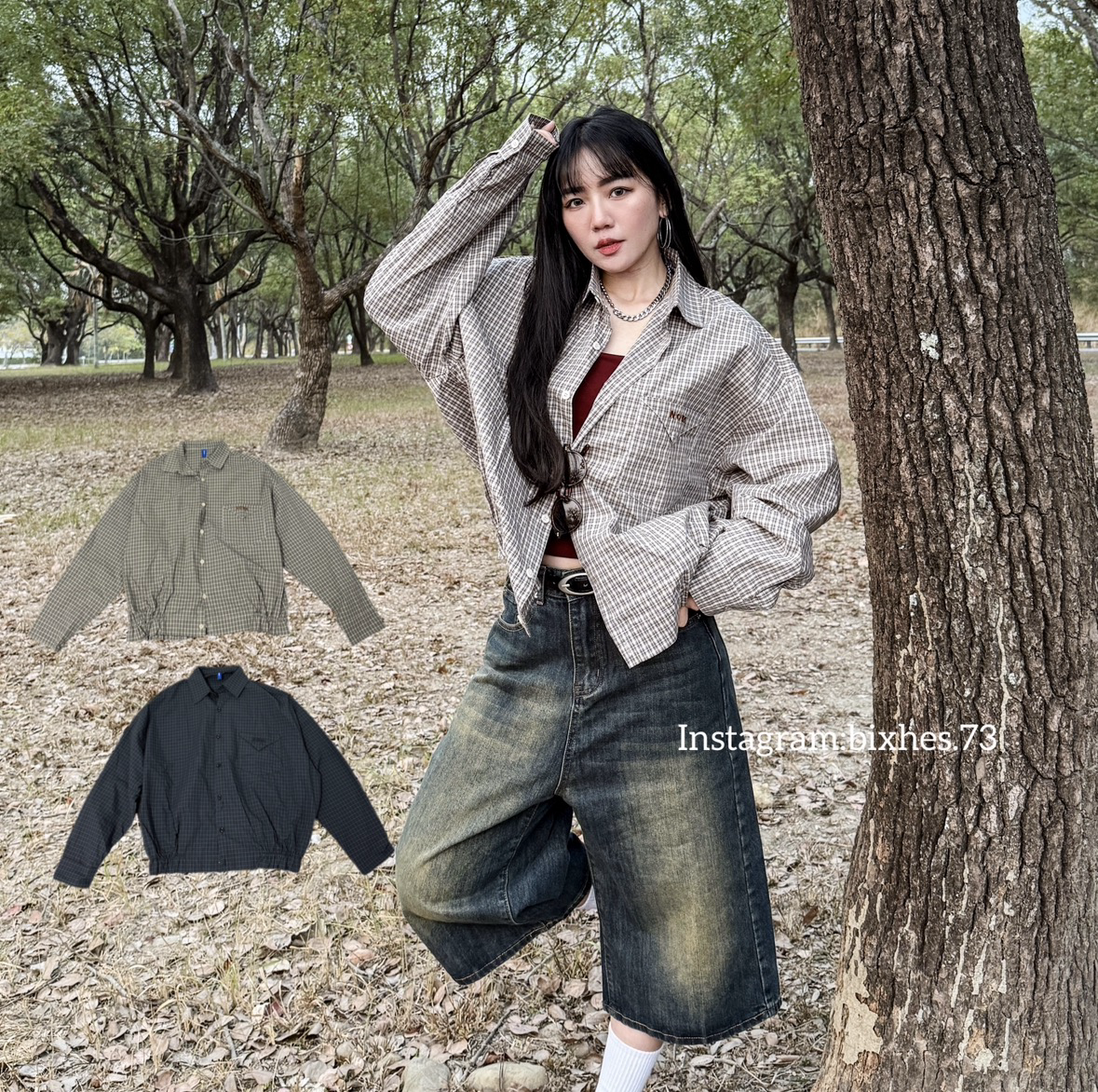 翻領格紋寬短襯衫(G00038)