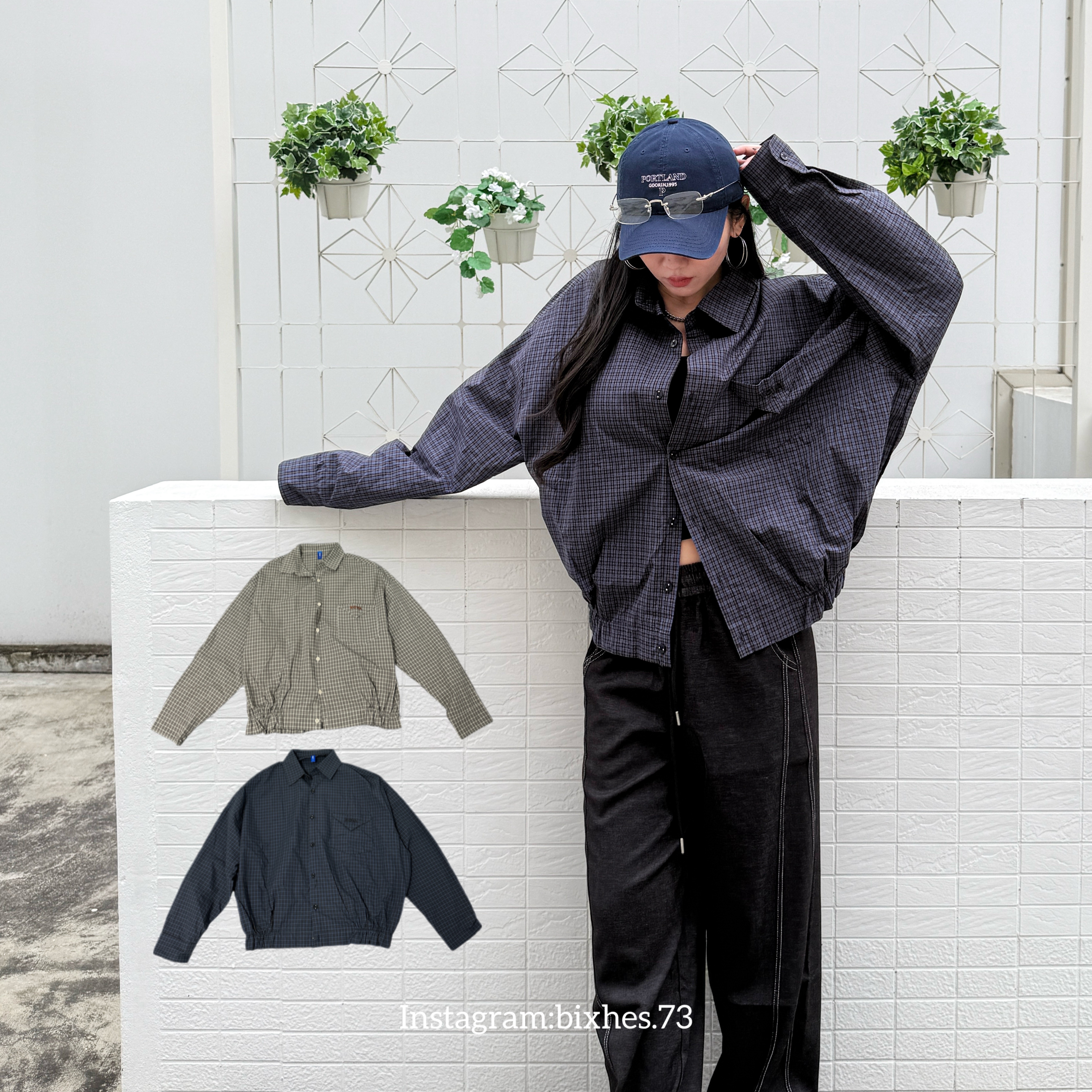 翻領格紋寬短襯衫(G00038)