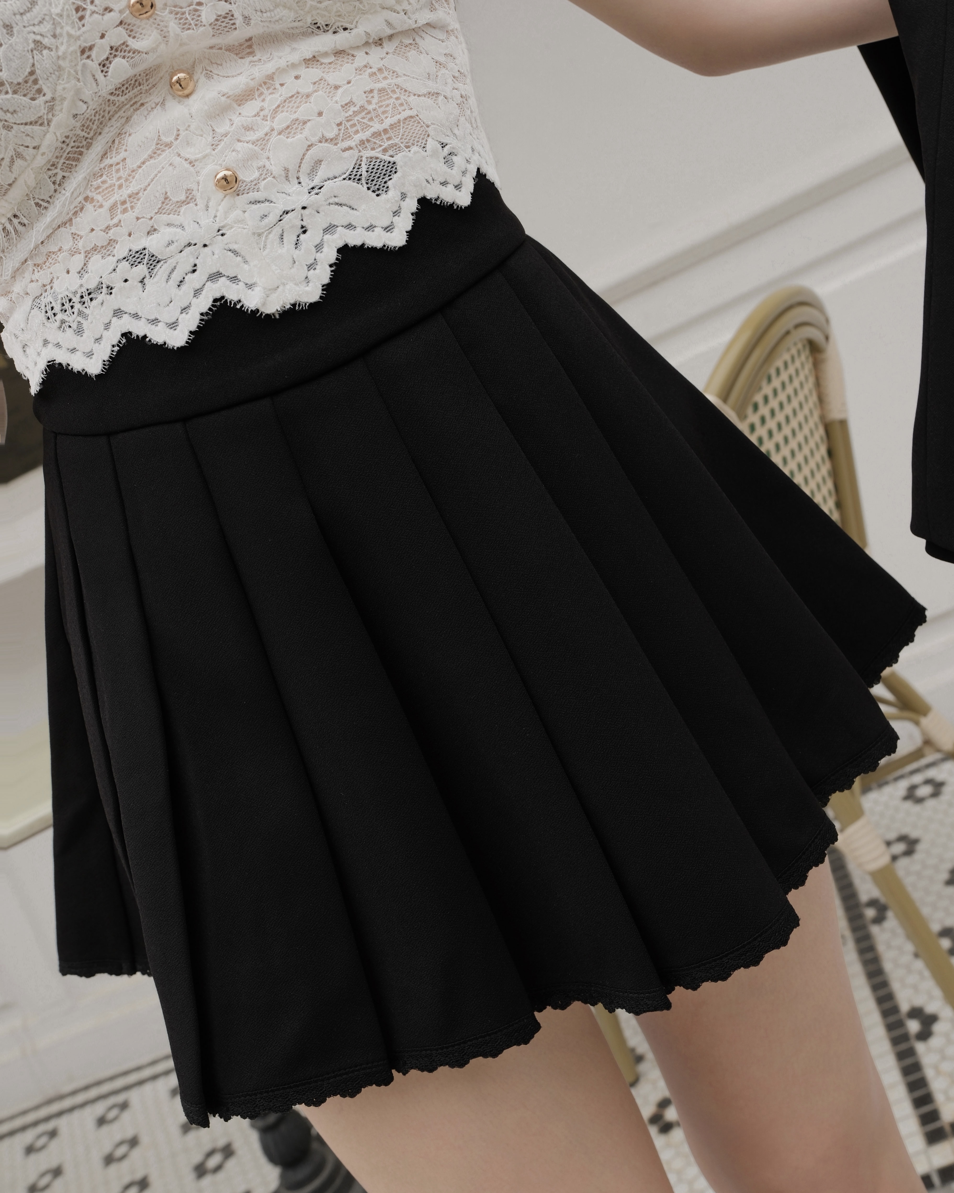 訂製-質感西裝蕾絲百褶短裙