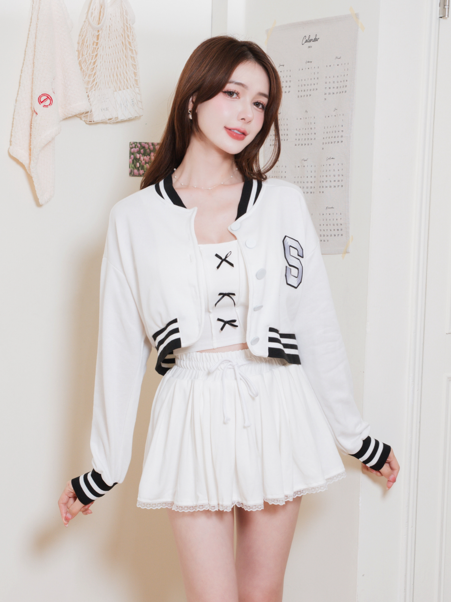 🤍刺繡棒球外套＋抽繩褲裙兩件式（白色均碼）