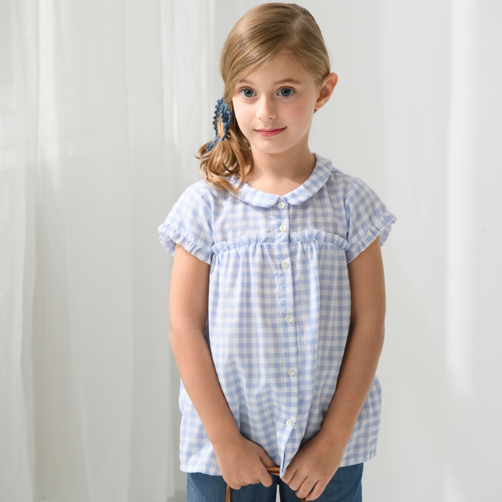 PIPPY 清爽格紋純棉小翻領短袖上衣 水