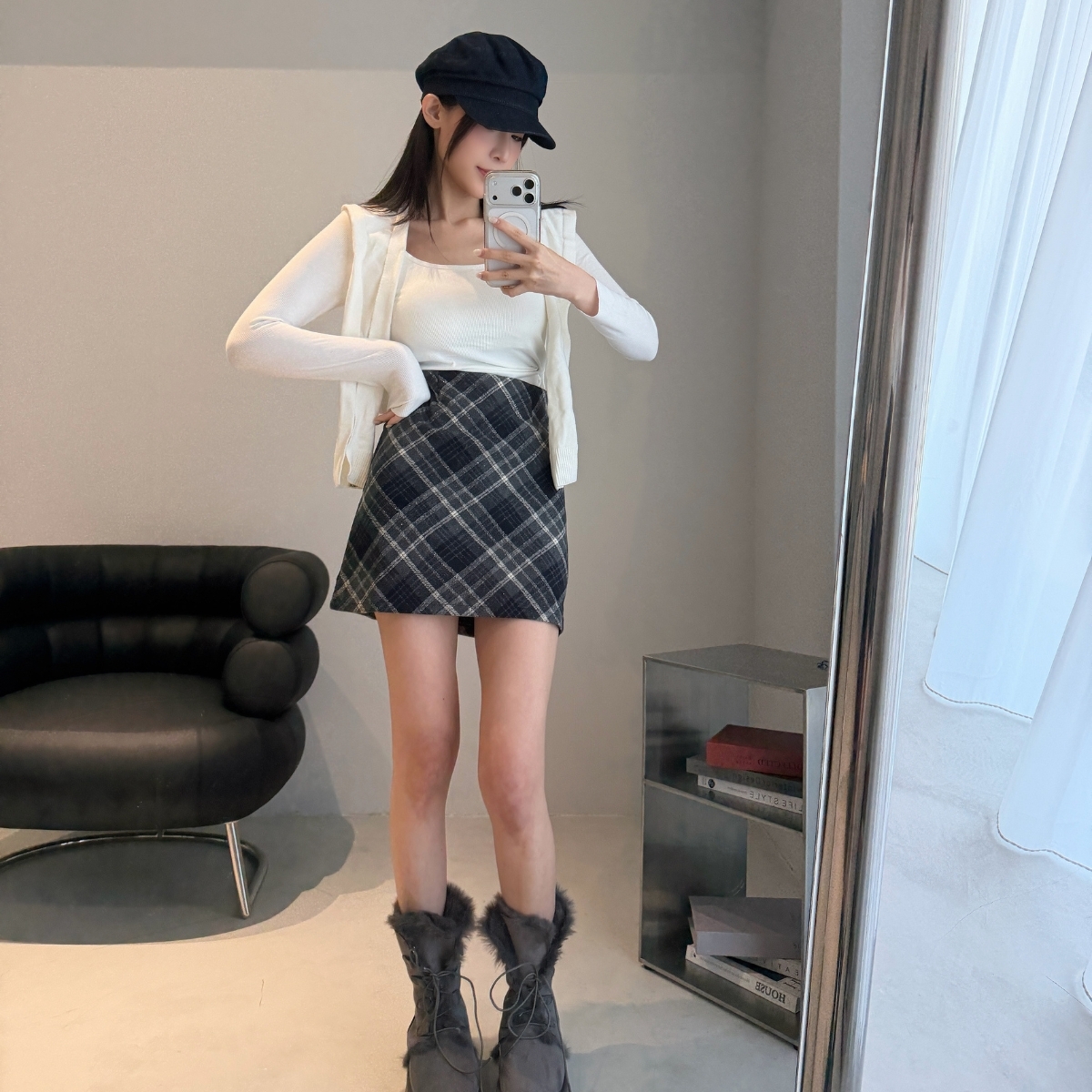 【復古格紋】DOMISS顯瘦毛呢A字裙-2色 格紋短裙 呢料短裙(現貨)