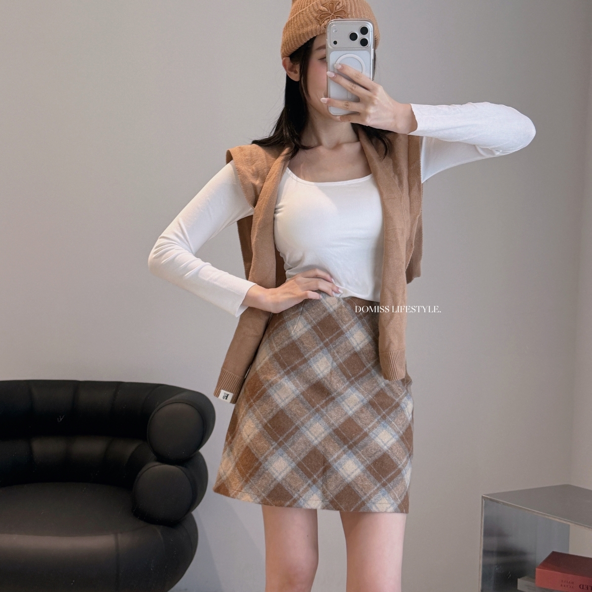 【復古格紋】DOMISS顯瘦毛呢A字裙-2色 格紋短裙 呢料短裙(現貨)