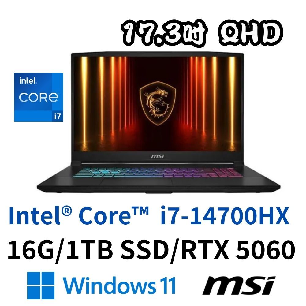 MSI 微星 Katana 17 HX B14WFK-288TW 17.3吋 電競筆電 i7-14700HX/16G/1TSD/RTX5060-8G/W11H/黑