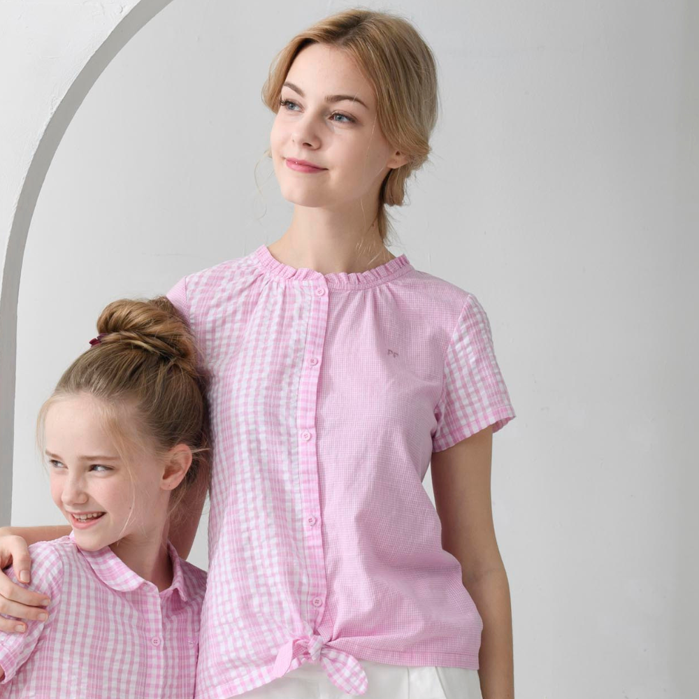 PIPPY 芭比風夢幻格紋拼接短袖襯衫上衣 粉紅