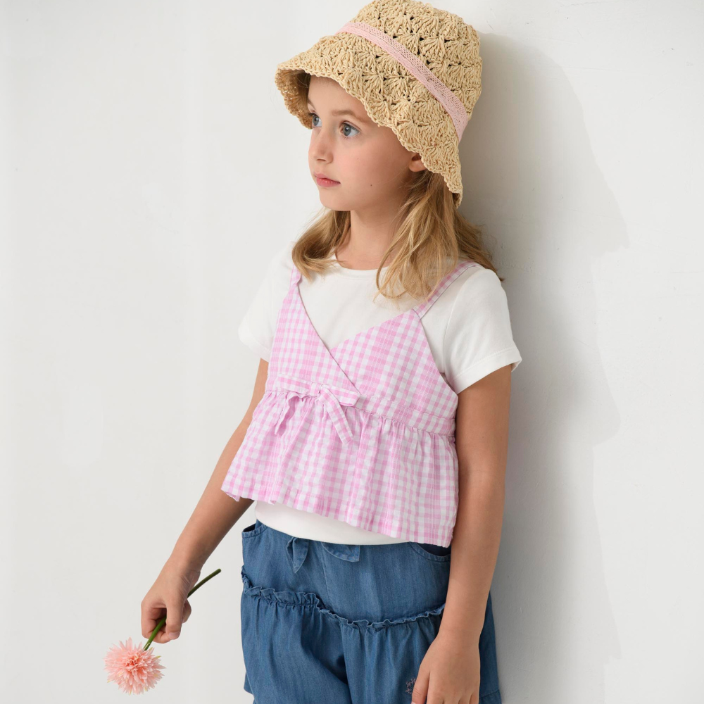 PIPPY 甜美芭比格紋兩件式彈性棉短袖圓領上衣 粉