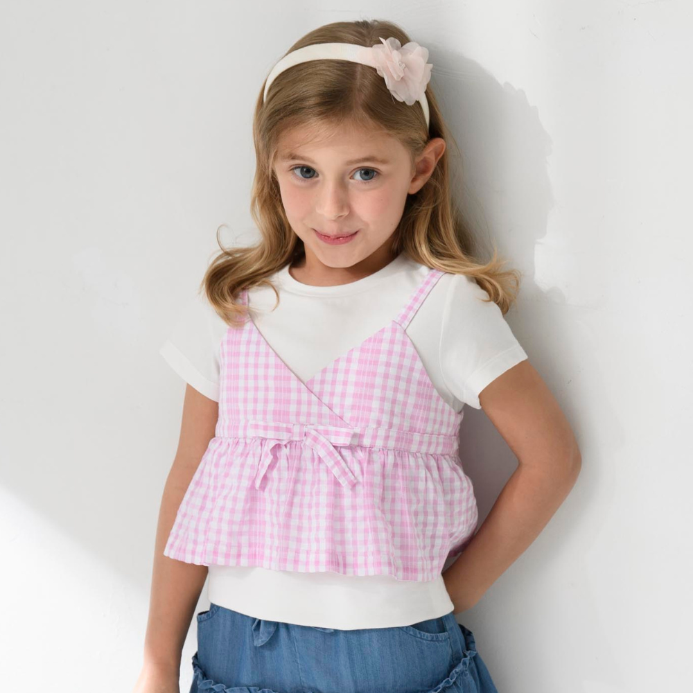 PIPPY 甜美芭比格紋兩件式彈性棉短袖圓領上衣 粉