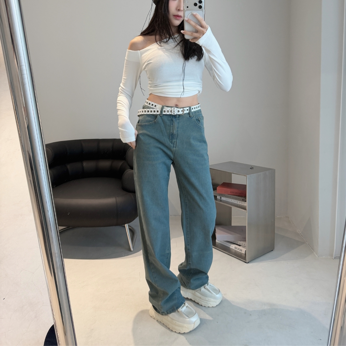 【質感單寧 】DOMISS復古色調! 直筒高腰牛仔褲 (現貨)