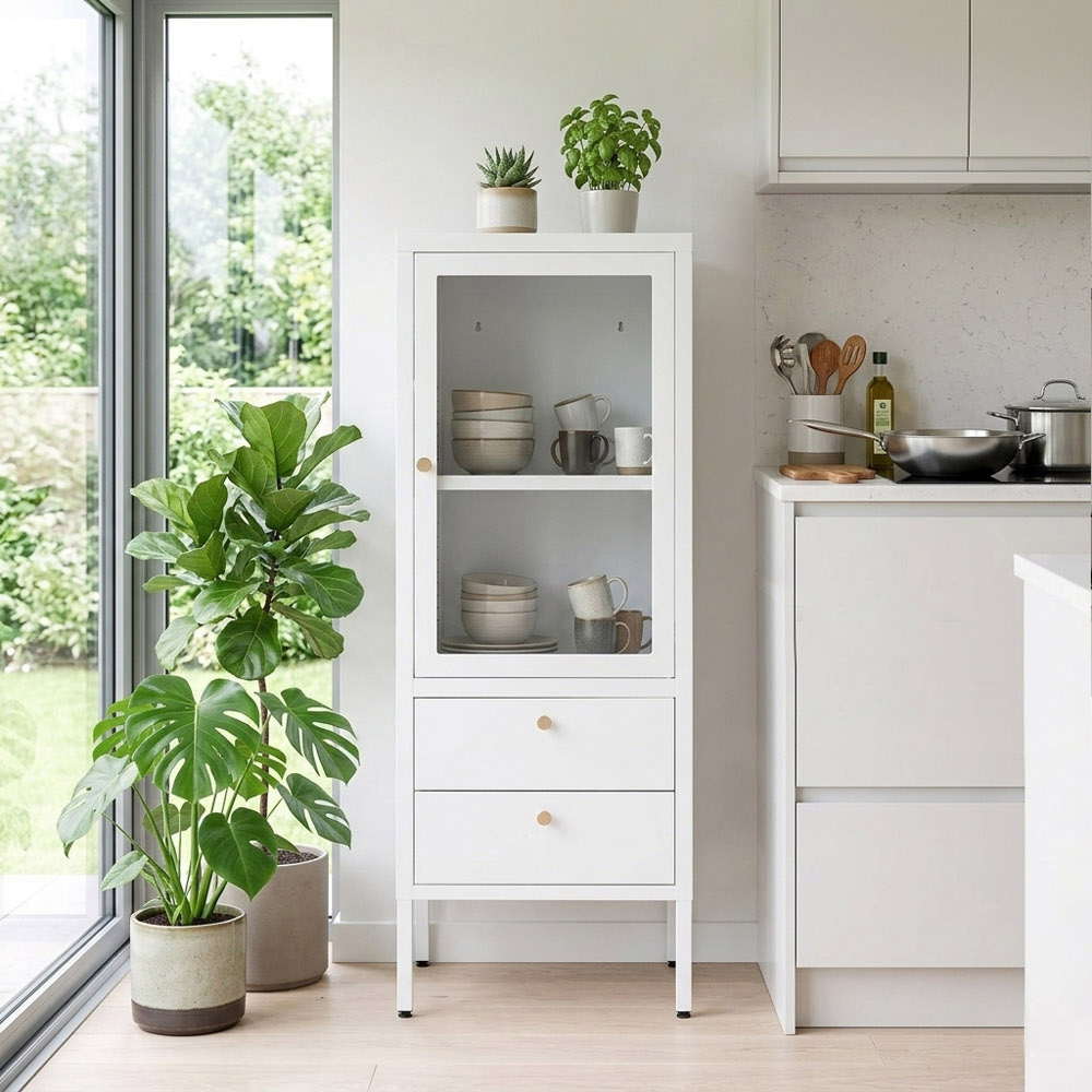 【AOTTO】多功能鐵藝玻璃開門雙抽屜展示櫃(AC-7001W)