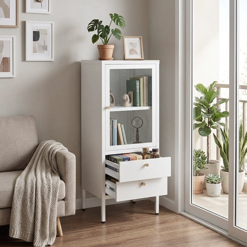 【AOTTO】多功能鐵藝玻璃開門雙抽屜展示櫃(AC-7001W)